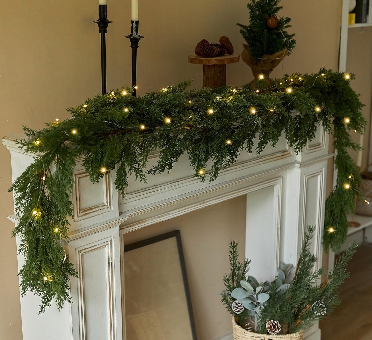 PARTY JOY 6FT PARTY JOY Seasonal Artificial Christmas Garland with Lights Pine Needle Cypress Garland for Holiday Winter Indoor Outdoor Decor