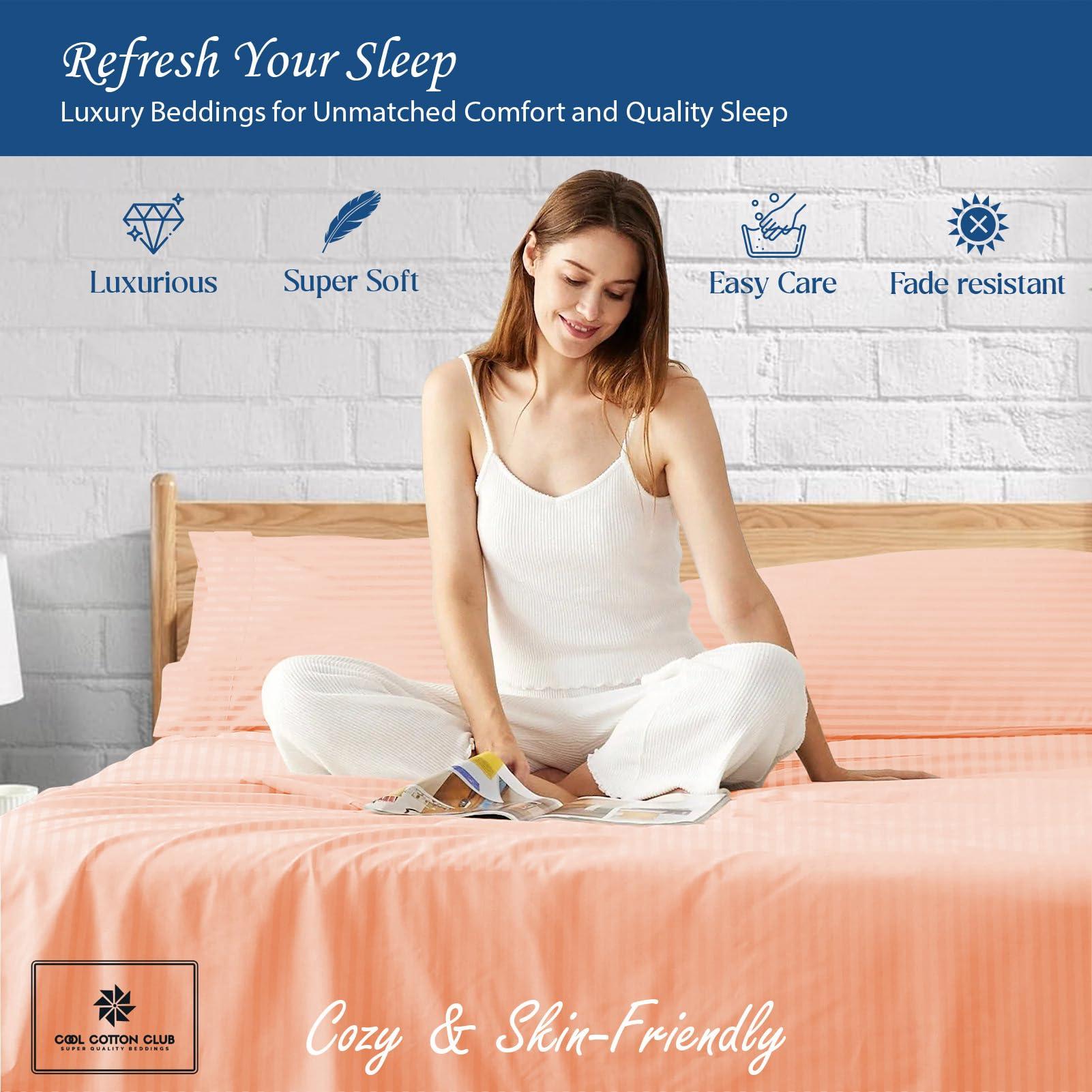 Cool Cotton Club Peruvian Pima Cotton Sheets, King Sheet Set Real 400 Thread Count Luxury 4 PC Bedding Set, Hotel Quality Sateen Weave, fits up to 18-21\" Elasticized Deep Pocket (Stripe, Peach)