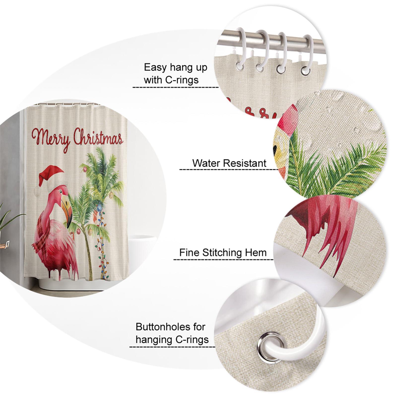 PIEPLE PIEPLE Christmas Flamingos Shower Curtain, Waterproof Washable Boho Funny Cute Shower Curtains Set for Bathroom Bathtubs Curtains Decor Set, 72\" Wx72 L with Hooks Xmas Balls Tree Rustic