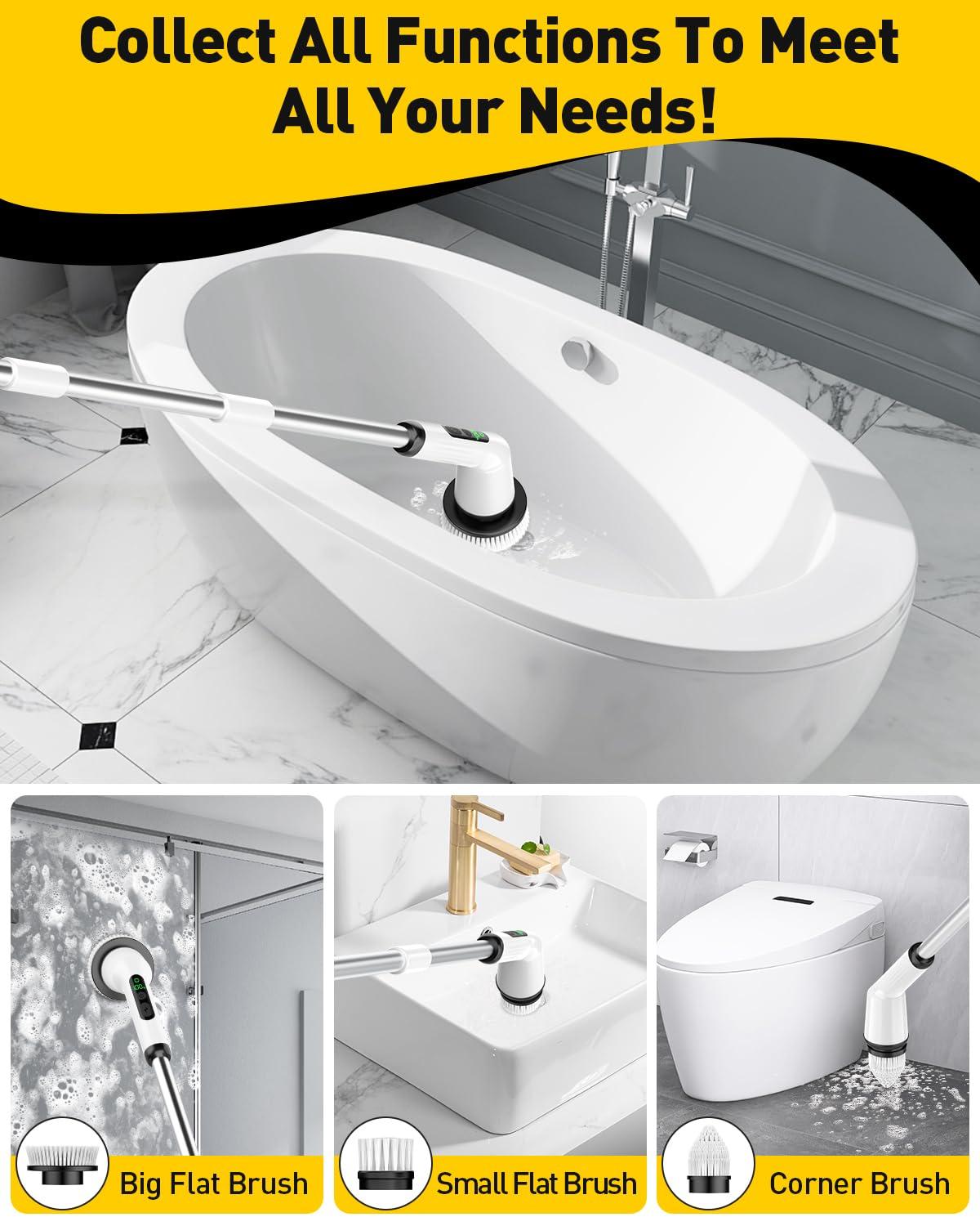 CTMAST Electric Spin Scrubber for Cleaning Bathroom, Shower Scrubber Cordless Cleaning Brush with IPX7 Waterproof & 2 Speed, 3 Brush Heads, Bathroom Cleaning Supplies for Shower Tub Kitchen Tile Toilet White