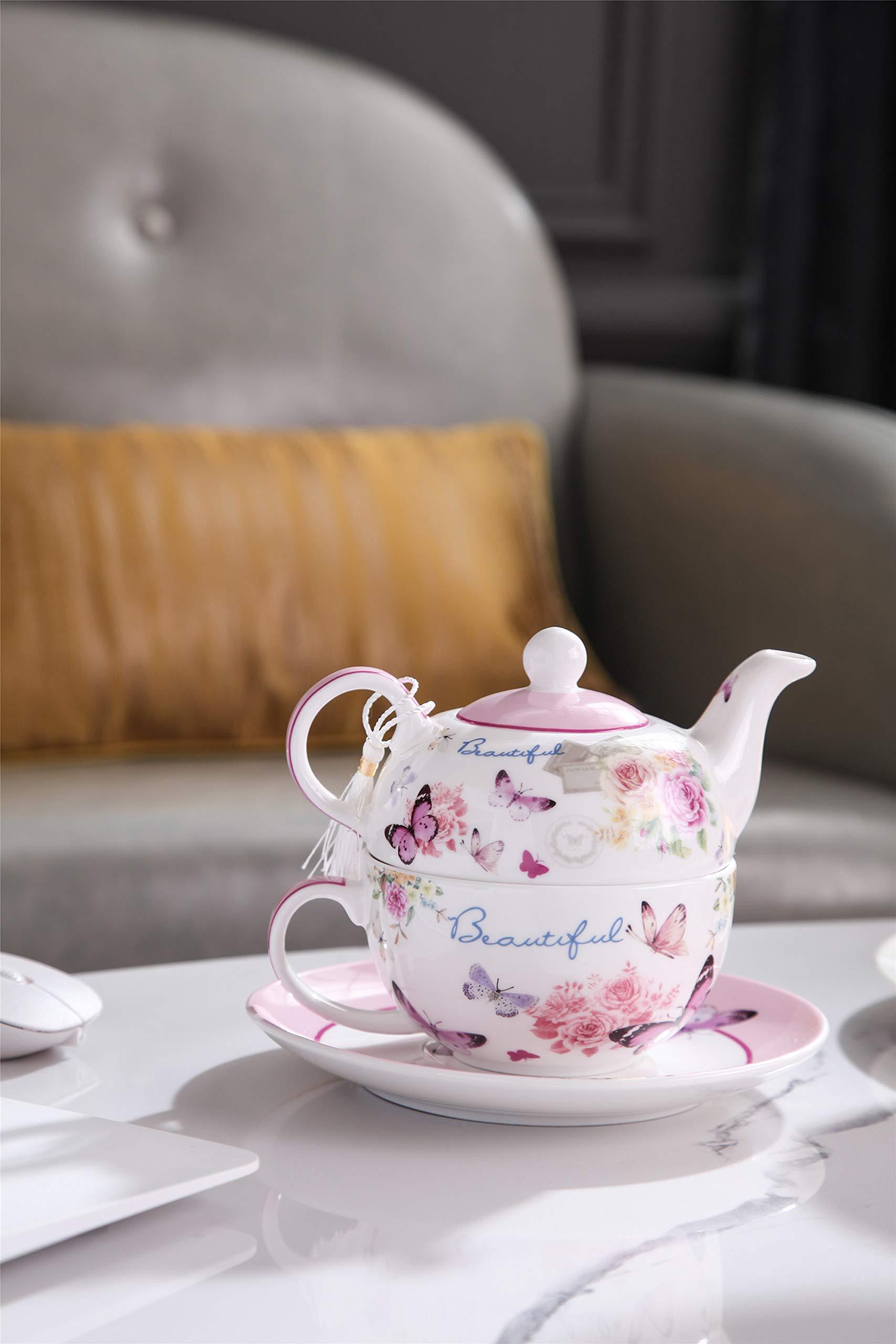 London Boutique London Boutique Tea for One Teapot Cup saucer Set Gift Box (Butterfly Rose)