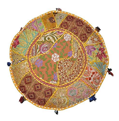Sophia-Art Sophia-Art Indian Embroidered Patchwork Cover Indian Decorative Pouf Indian Comfortable Floor Cotton Cushion Ottoman Pouf,Indian Designs Ethnic Patchwork Pouf (Yellow, 18\"x13\")