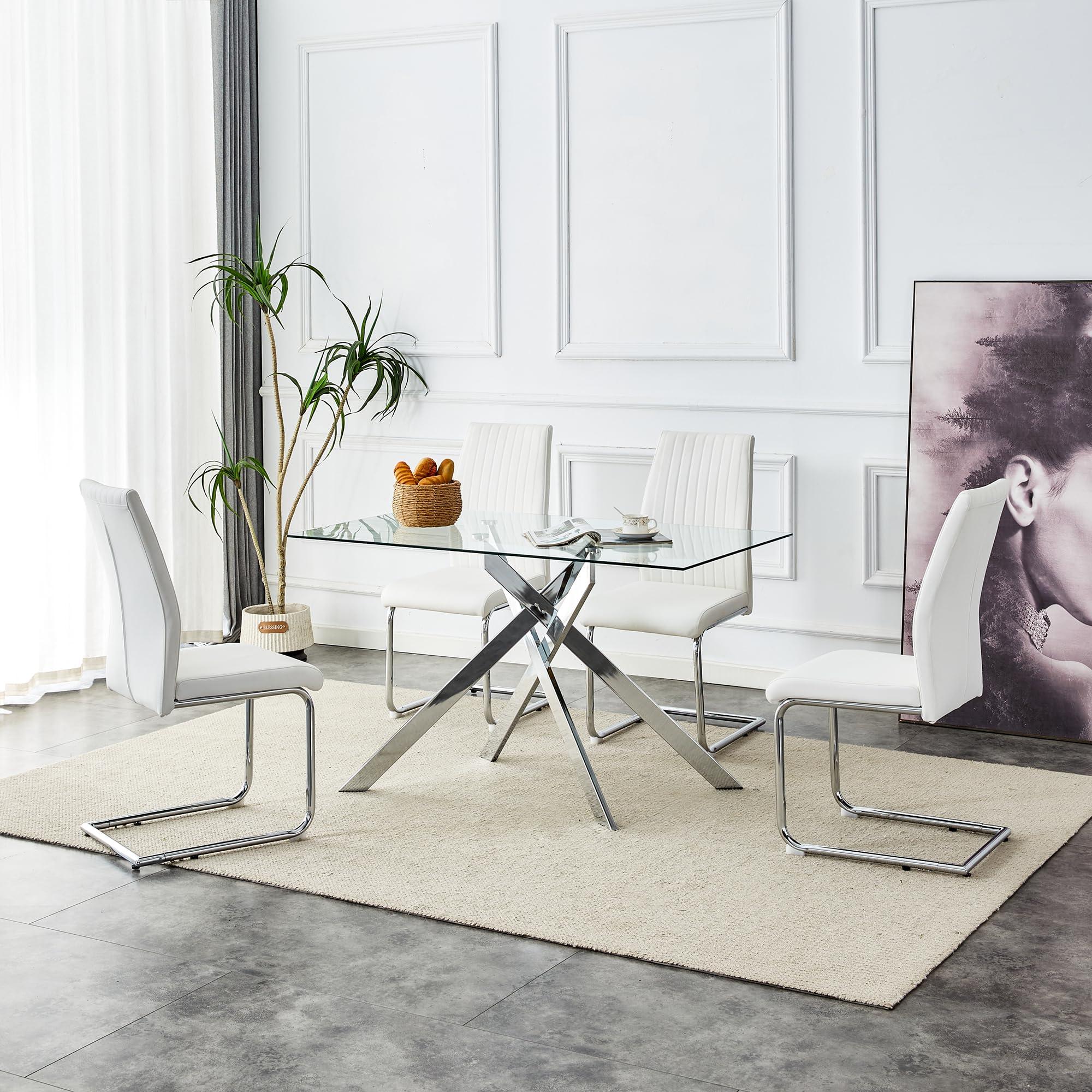 Goujxcy Rectangular Glass Dining Table, Tempered Glass Tabletop and Metal Legs, Modern Style Glass Kitchen Table for Home, Kitchen, Dining Room (Silver, 52\'\')