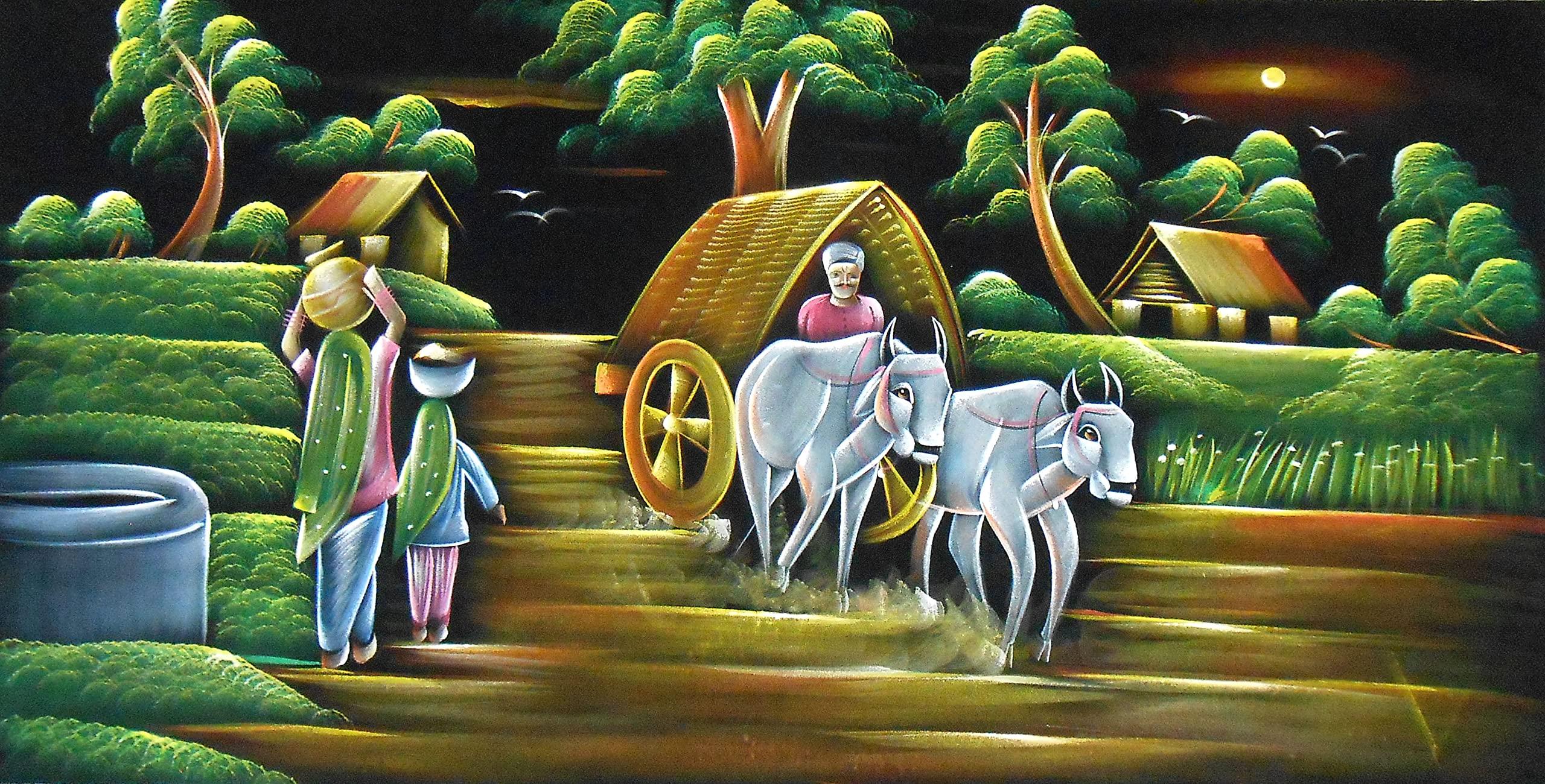 crafts of india best of indian crafts store Crafts of India Indian Village Scene Painting on Black Velvet Cloth  Bullock Cart, Village Women, Huts & Trees  Handcrafted Rural Art for Home Decor : 24\"x48\" Inches : Unframed