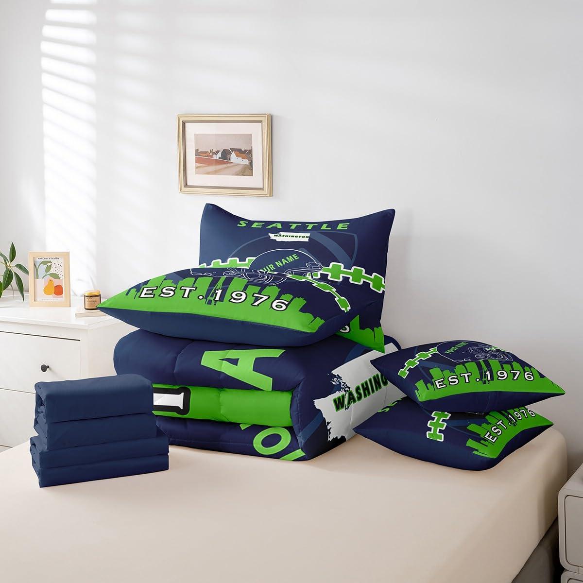 Erosebridal Erosebridal 7 Pcs Comforter Set King Size,Personalized Kids Football Bed in a Bag with Flat Sheet and Fitted Sheet for Kids and Adults,Sports Bedding Set with Pillowcase and Sham(Seattle)