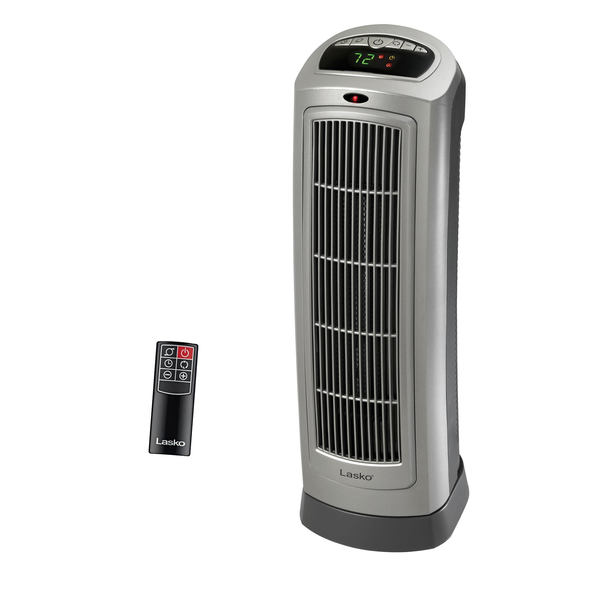 Lasko Lasko Oscillating Digital Ceramic Tower Heater for Home with Adjustable Thermostat, Timer and Remote Control, 23 Inches, 1500W, Silver, 755320, 8.5L x 7.25W x 23H, Silver
