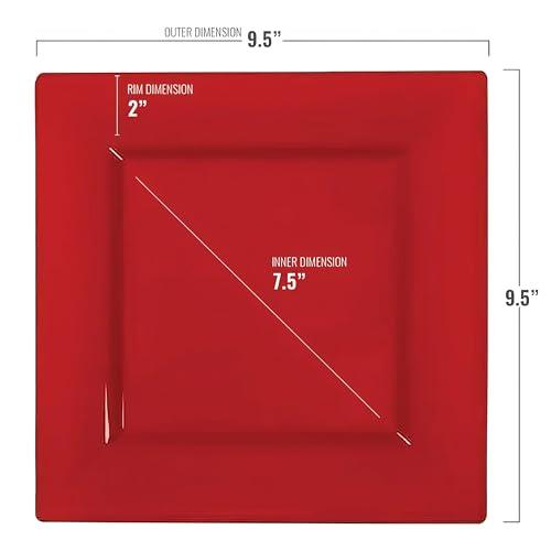 Kaya Kaya Elegant Red Square Dinner Plates - 9.5\" (Pack of 10) - Perfect for Weddings, Birthday Parties, Festivals & More