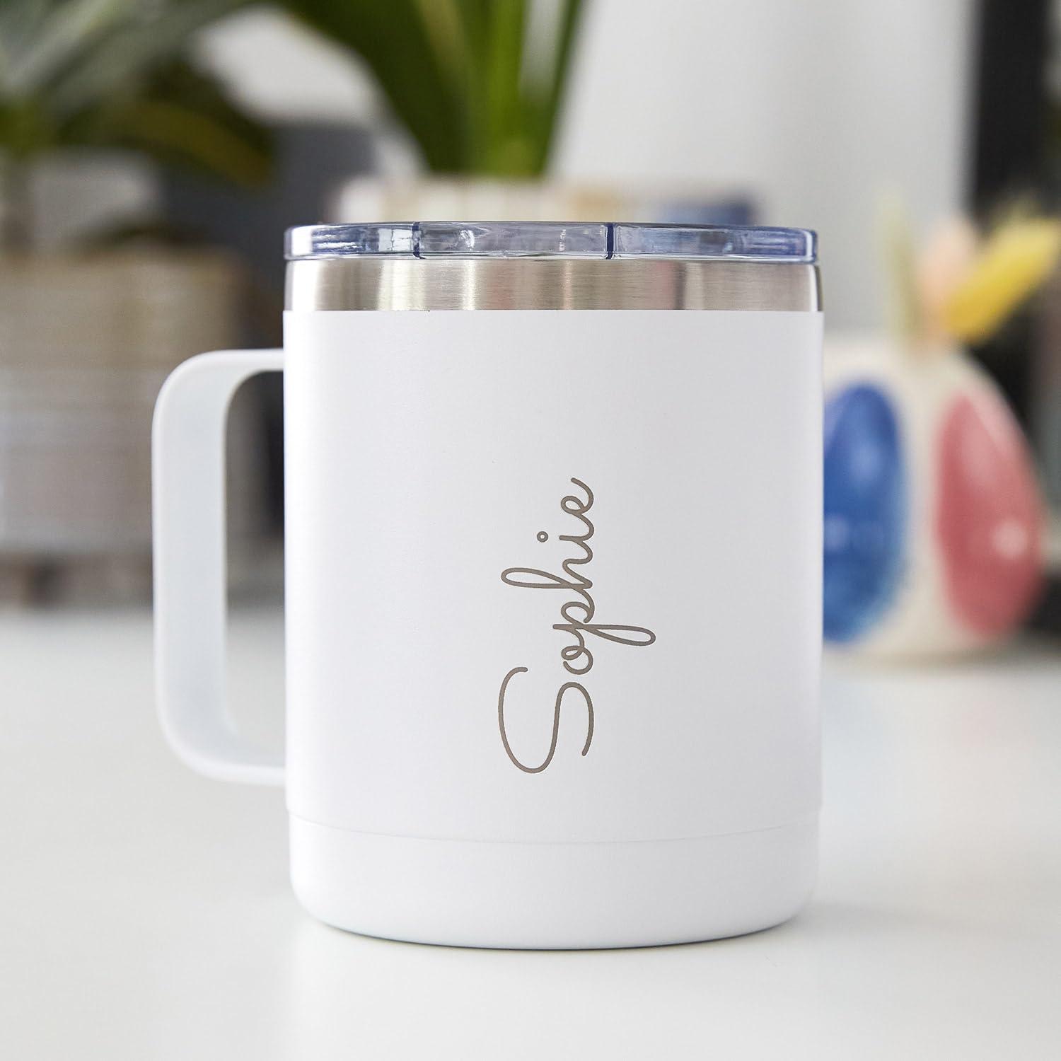 GAM CREATIVE GAM Personalized Insulated Coffee Mug - Laser Engraved - 10 oz Coffee Mug - Stainless Steel Customizable Tumbler with Handle Birthday Monogram Coffee Mug with Name, Custom Gift for Bridal Party, White