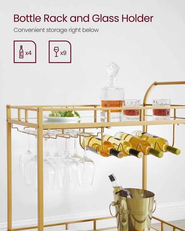 VASAGLE VASAGLE Bar Cart Gold, Home Bar Serving Cart, Wine Cart with 2 Mirrored Shelves, Wine Holders, Glass Holders, for Kitchen, Dining Room, Gold ULRC090A03