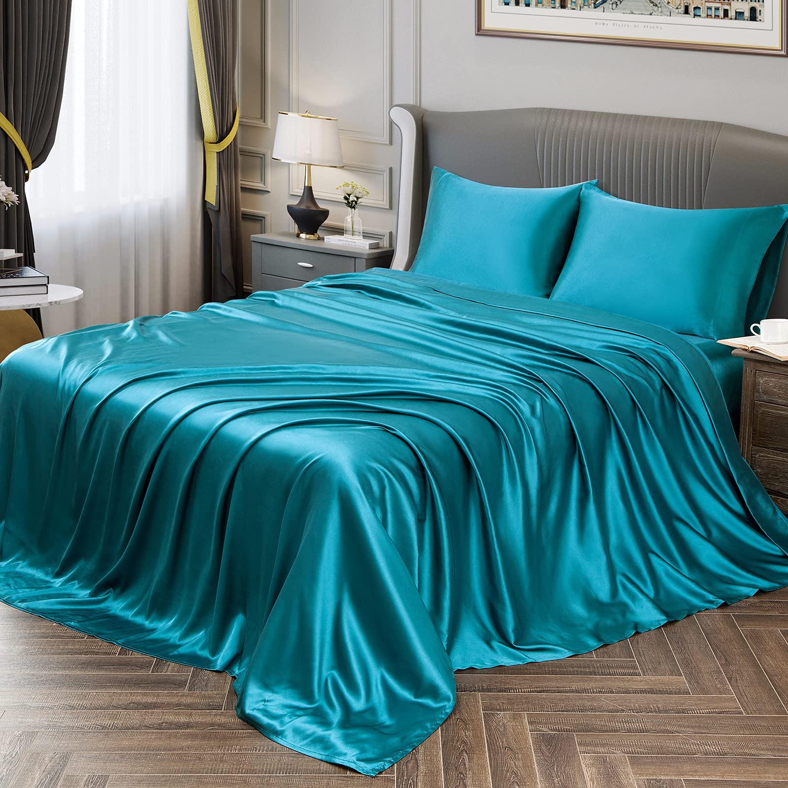 Selection Bedding California King Size Sheet Set - 6 Piece - Hotel Luxury Satin Silk Bed Sheets - 19 Inches Deep Pocket - Breathable & Cooling - Turquoise - Flat Sheet, Fitted Sheet & 4 Pillowcases