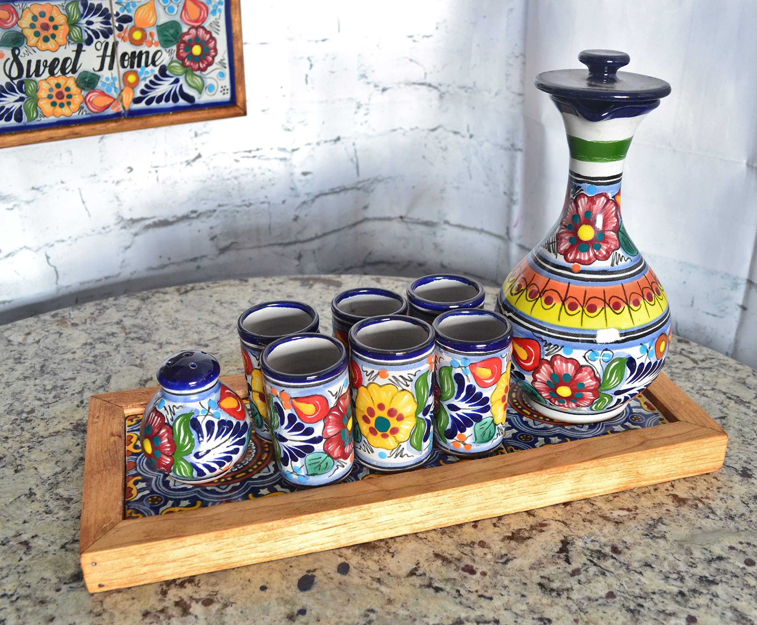 Generic Talavera tequila set, Talavera tequila set with ottoman tray, tequila gift, talavera vases CM494