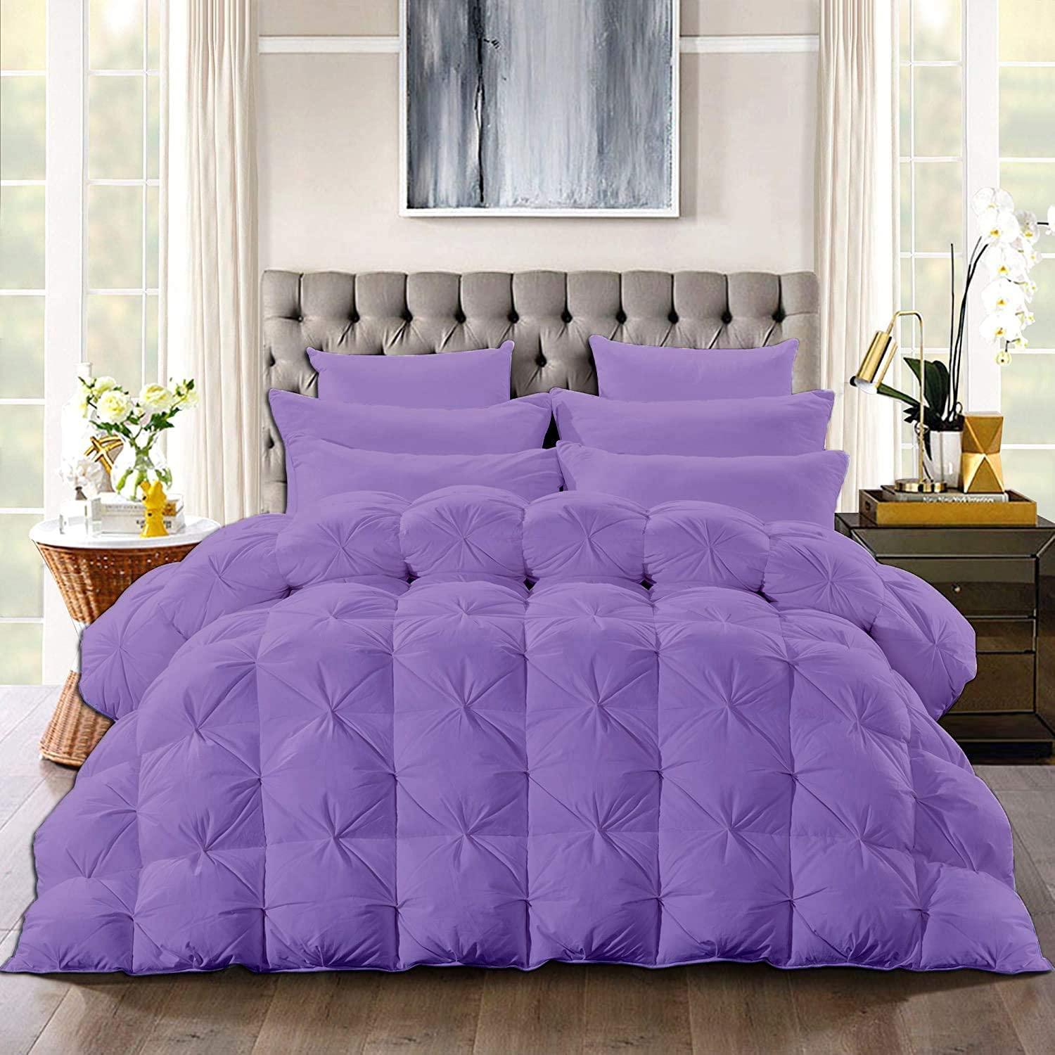LinenEra 100% Organic Cotton 5 Piece Baffle Box Stitched Pinch Pleated Palatial King Comforter Set Lightweight Soft 600 GSM Lavender Duvet Insert Palatial King 120x98