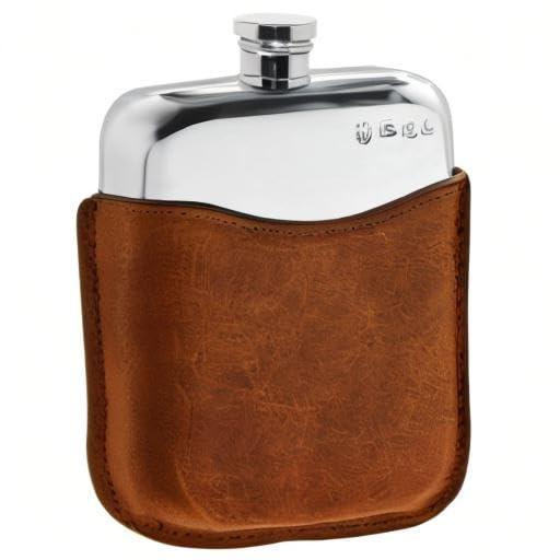 English Pewter Company Sheffield, England English Pewter Company 6oz Pewter Liquor Hip Flask with Luxury Brown Leather Pouch [PLF01]