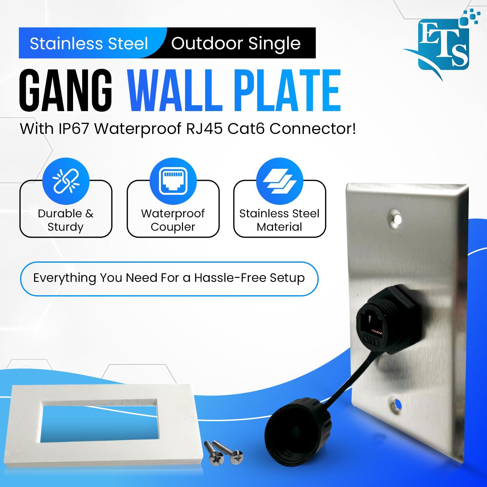 ETS Ethernet Wall Plate with RJ45 Wall Plate Connector IP67 Waterproof Ethernet Wall Outlet for Outdoor Use Stainless Steel Cat5e, Cat6 and Cat 6a Female to Female Bulkhead Jack