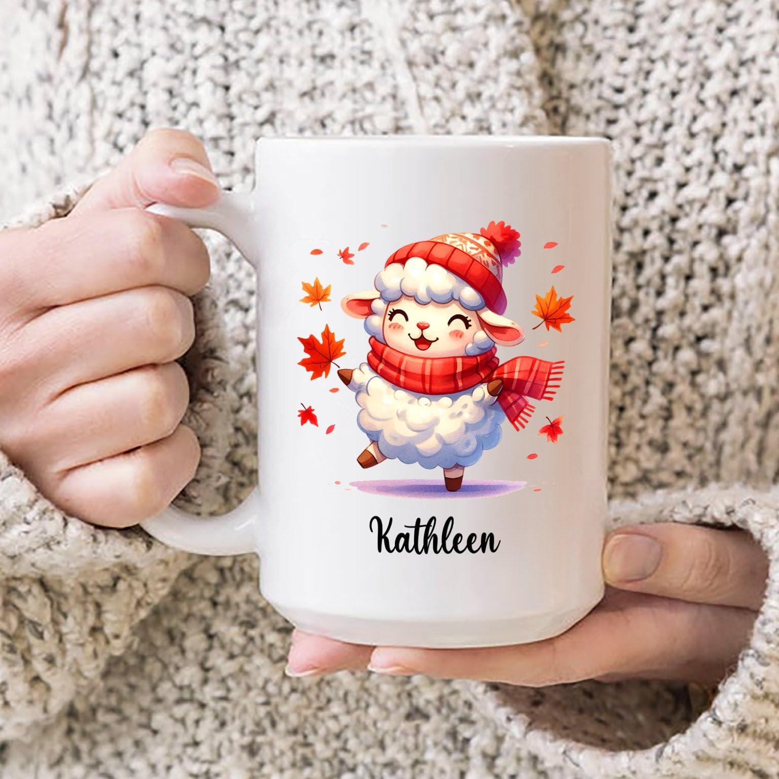 Cenluxy Baby Sheep Coffee Mug, Personalized Name Autumn Sheep Mug Gift, Sheep Animal Cup, Customized Sheep Ceramic Mug Gifts For Sheep Lovers Birthday, Cute Sheep Travel Mugs, Sheep White Tea Cup 11Oz 15Oz
