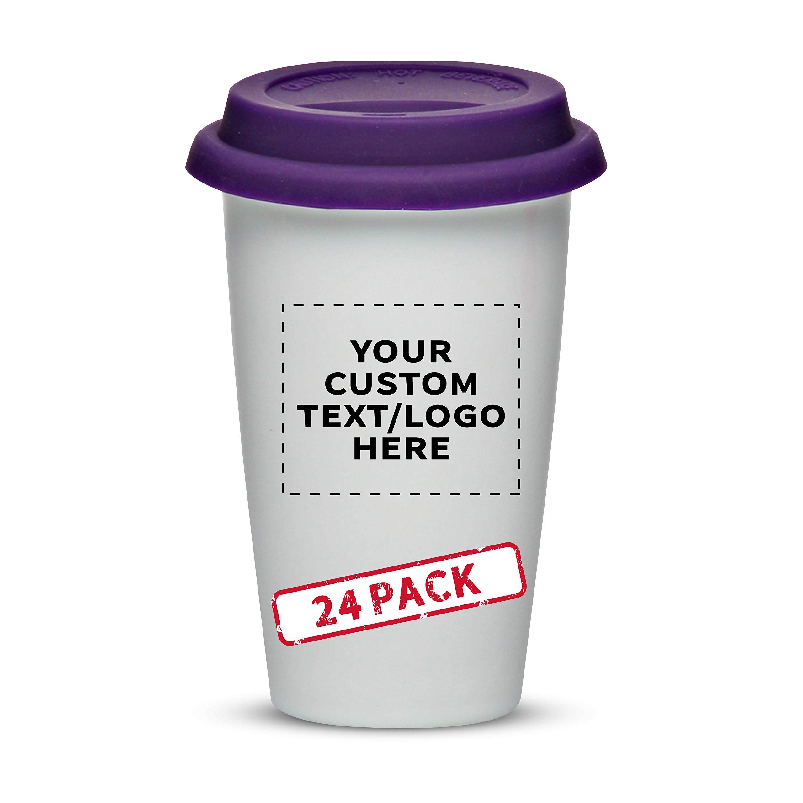DISCOUNT PROMOS Personalized 11 oz. Double Wall Ceramic Tumblers with Lid - 24 Pack - Custom Text, Logo - Purple