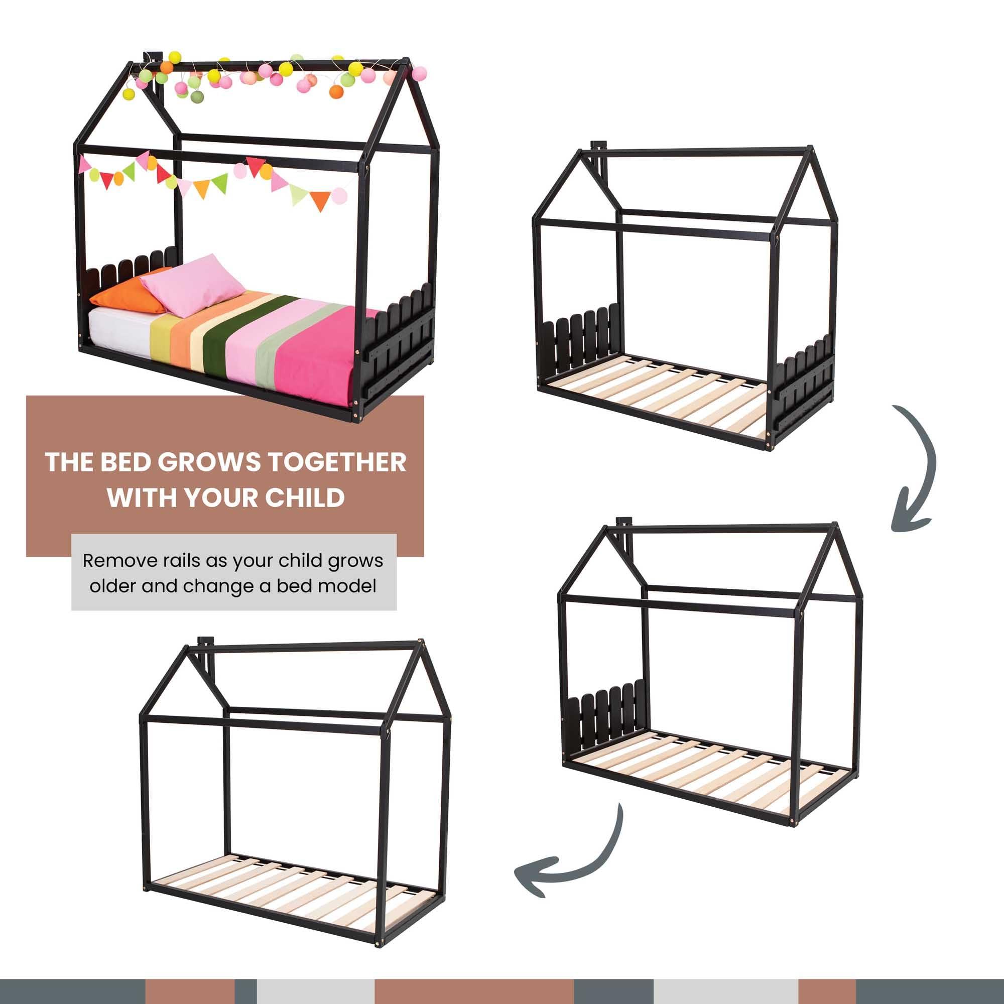 Sweet Home From Wood Montessori house bed with rails, Montessori toddler house bed frame, Toddler floor level bed with rails