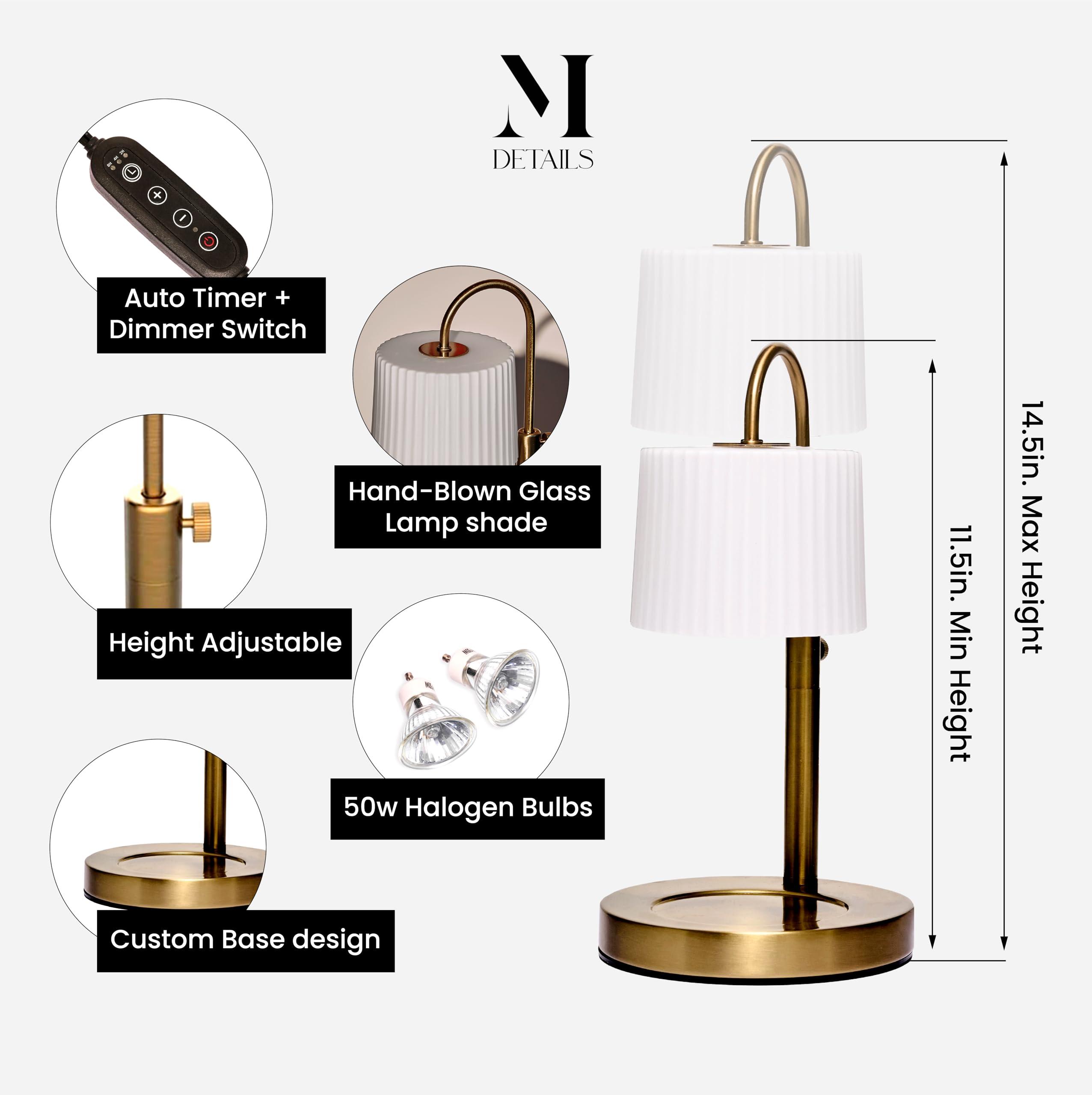 Malbella Essentials Dimmable Glass Candle Warmer Lamp with Timer - Adjustable Height Candle Lamp Warmer with Timer (8H/4H/2H) - Wax Melter - Ideal Gift, fits Various Size Scented Candles - 02 Bulb - (Gold Metal)