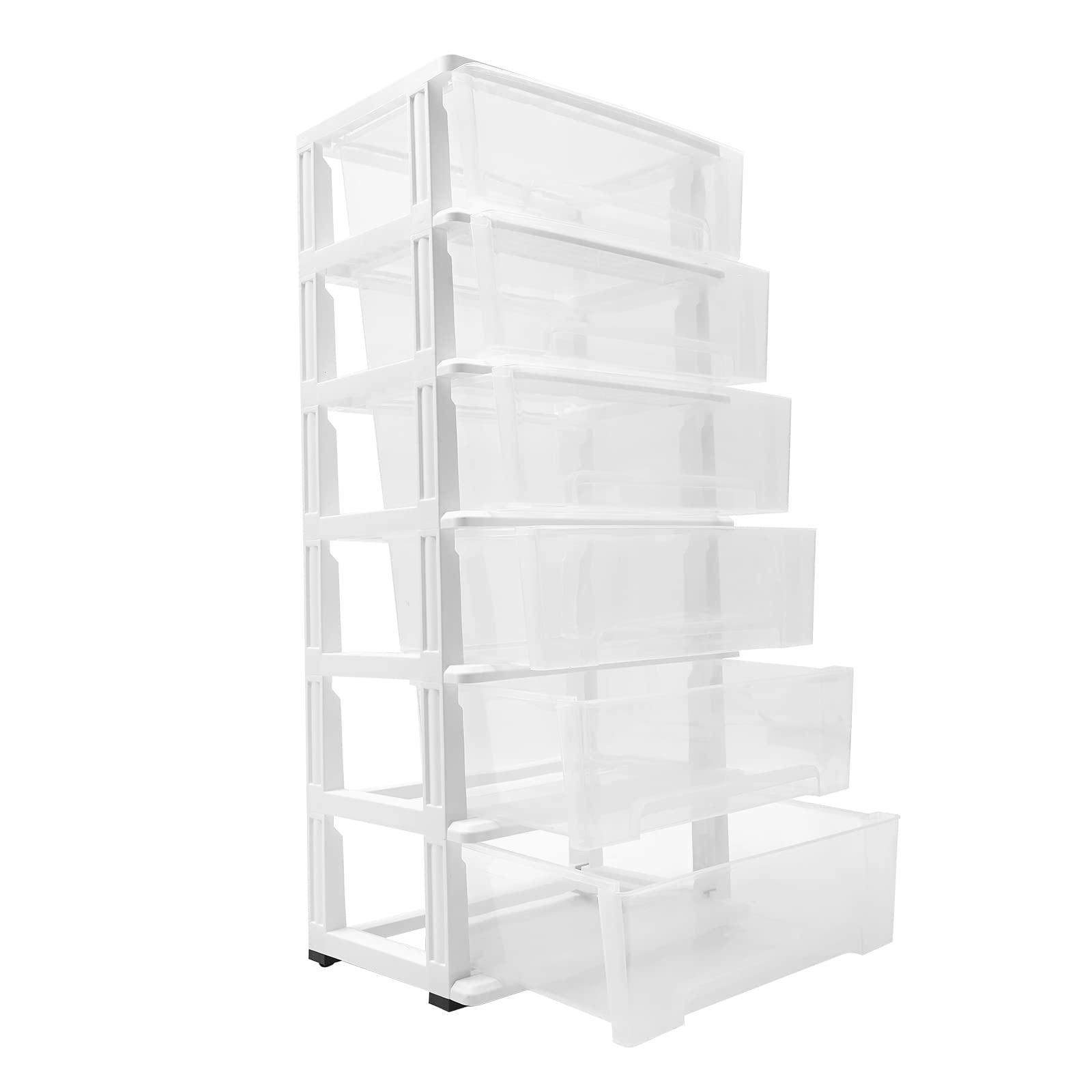 TTeralmon 6 Layer Clear Plastic Drawer w/Wheels, Storage Cart Plastic 6 Drawer Plastic Organizer with Drawers Stackable Storage Drawers for Office Closet, 19.7 * 13 * 43in (White)