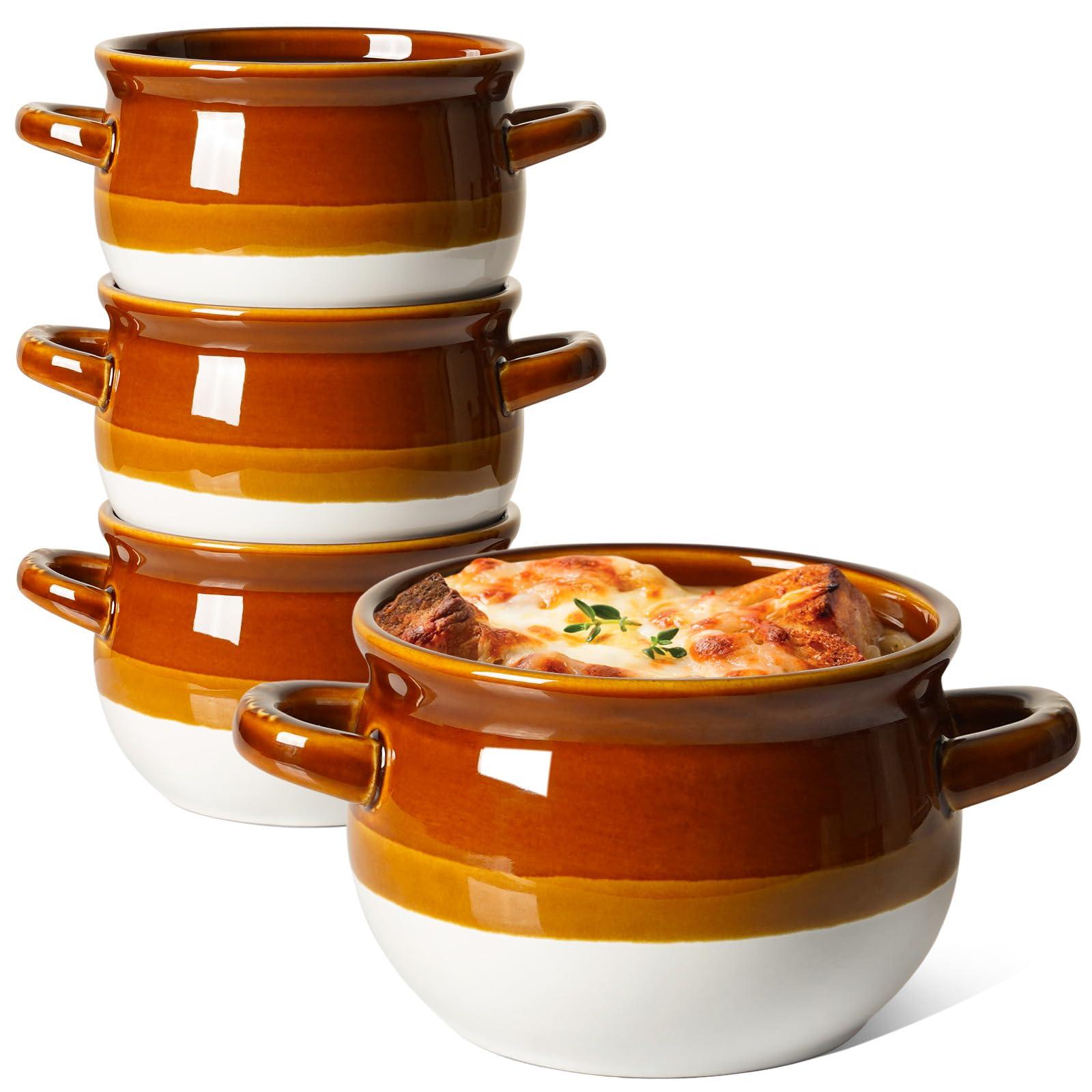 LE TAUCI LE TAUCI French Onion Soup Bowls with Handles, 16 Oz Ceramic French Onion Soup Crocks Oven Safe Serving Bowls for Soup, Chili, Beef Stew, Cereal, Pot Pies, Set of 4