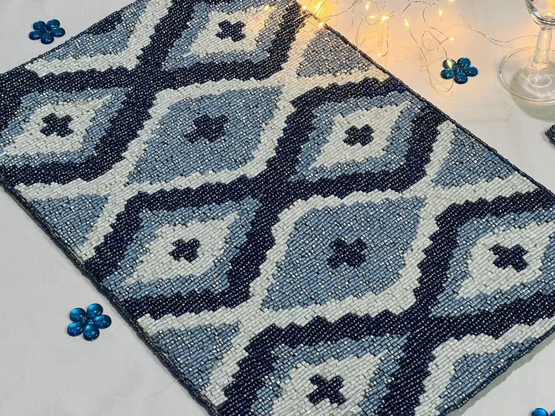 HM CREATION HM CREATIONS Set of 6 Placemats, Handmade Beaded Placemats, Geometrical Tablemats, Designer Charger Plates 12X15Inches (6)