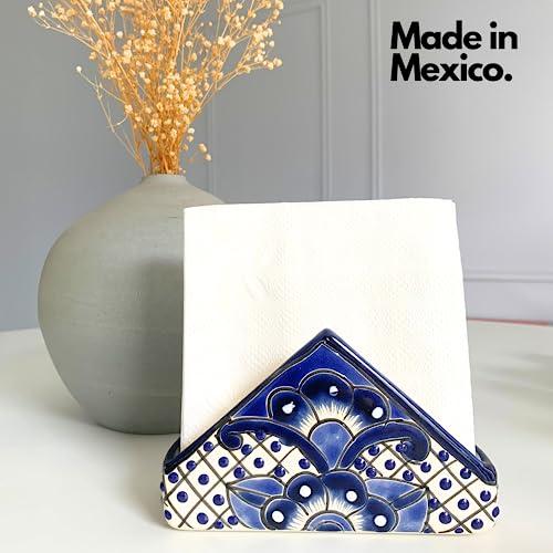 Casa Fiesta Designs Ceramic Napkin Holder - Authentic Mexican Pottery - for Kitchen Countertop | Dinner Table | Indoor & Outdoor Use Tissue and Letter Holder - Mexican Style Talavera Servilletero (Blue and White)