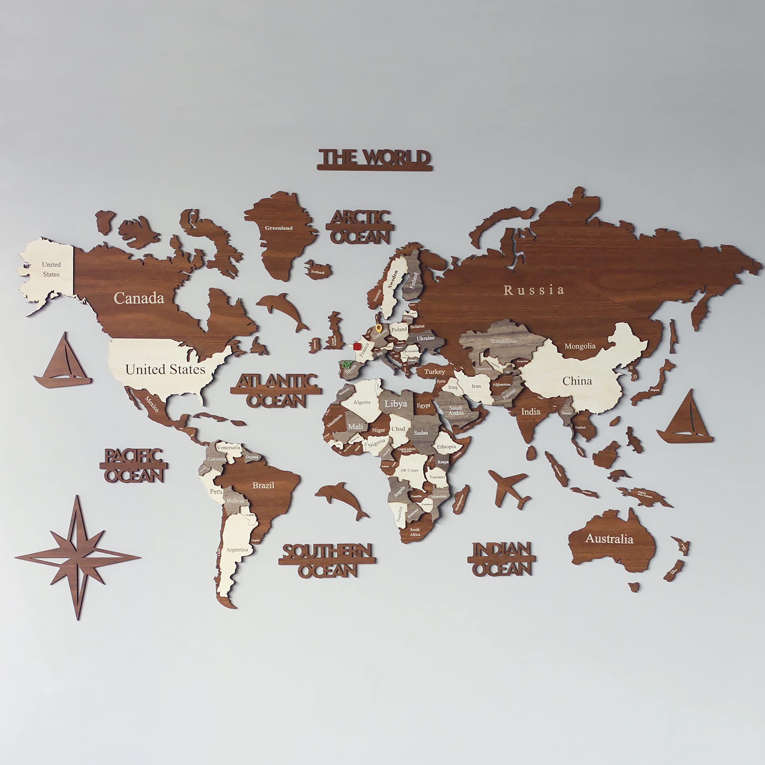 Colorfull Worlds 3D Wooden World Map, Wood Wall Map, Housewarming Gift, World Map, Wall Art Decor, Wooden Travel Map, Birthday Gift (XL Standard - 79x47 inches)