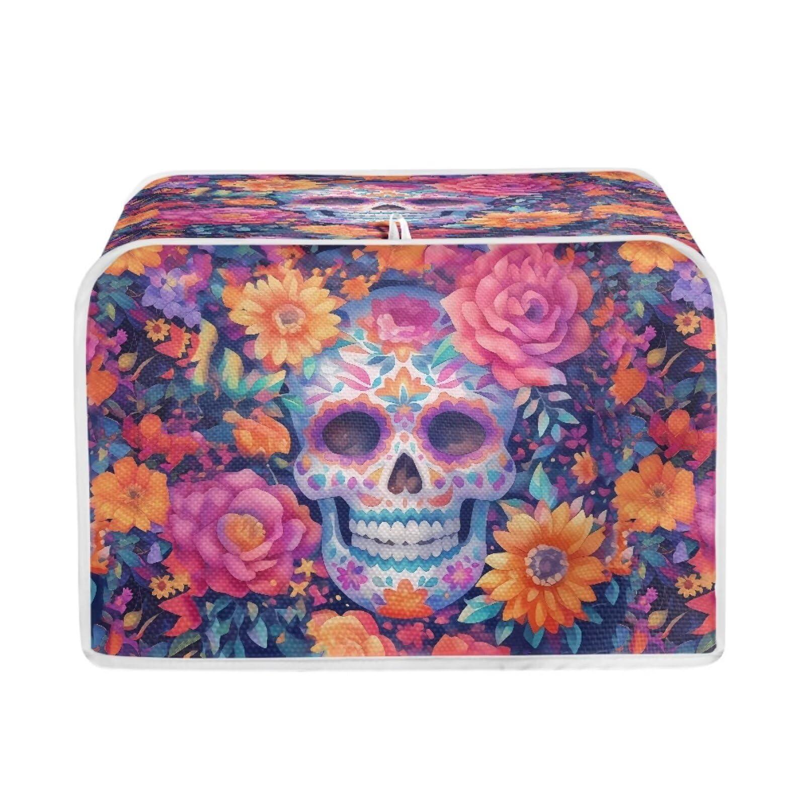 Xarleslyna Xarleslyna Mexican Skull Floral Toaster Cover 4 Slice, Day Of The Dead Flowers Small Kitchen Appliance Foldable Dust Covers Home Decor, Water Resistant