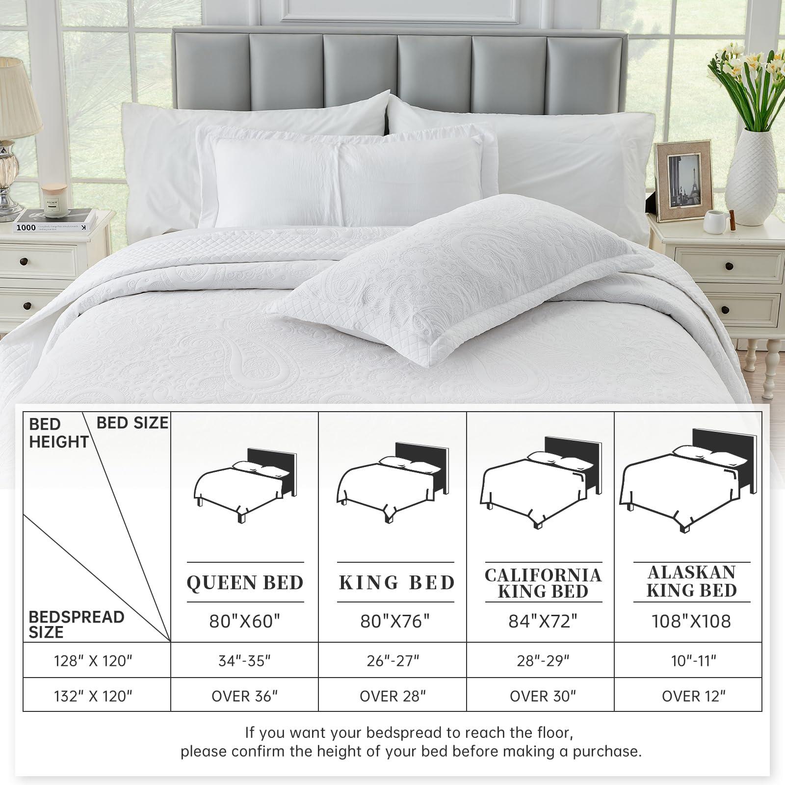 SUCHBED SUCHBED California King Bedspread Set Oversized King Bedspreads 128x120 inches Cal King Quilt Bedding Set Extra Wide King Quilt Paisley Quilt White Coverlet Sets with Shams