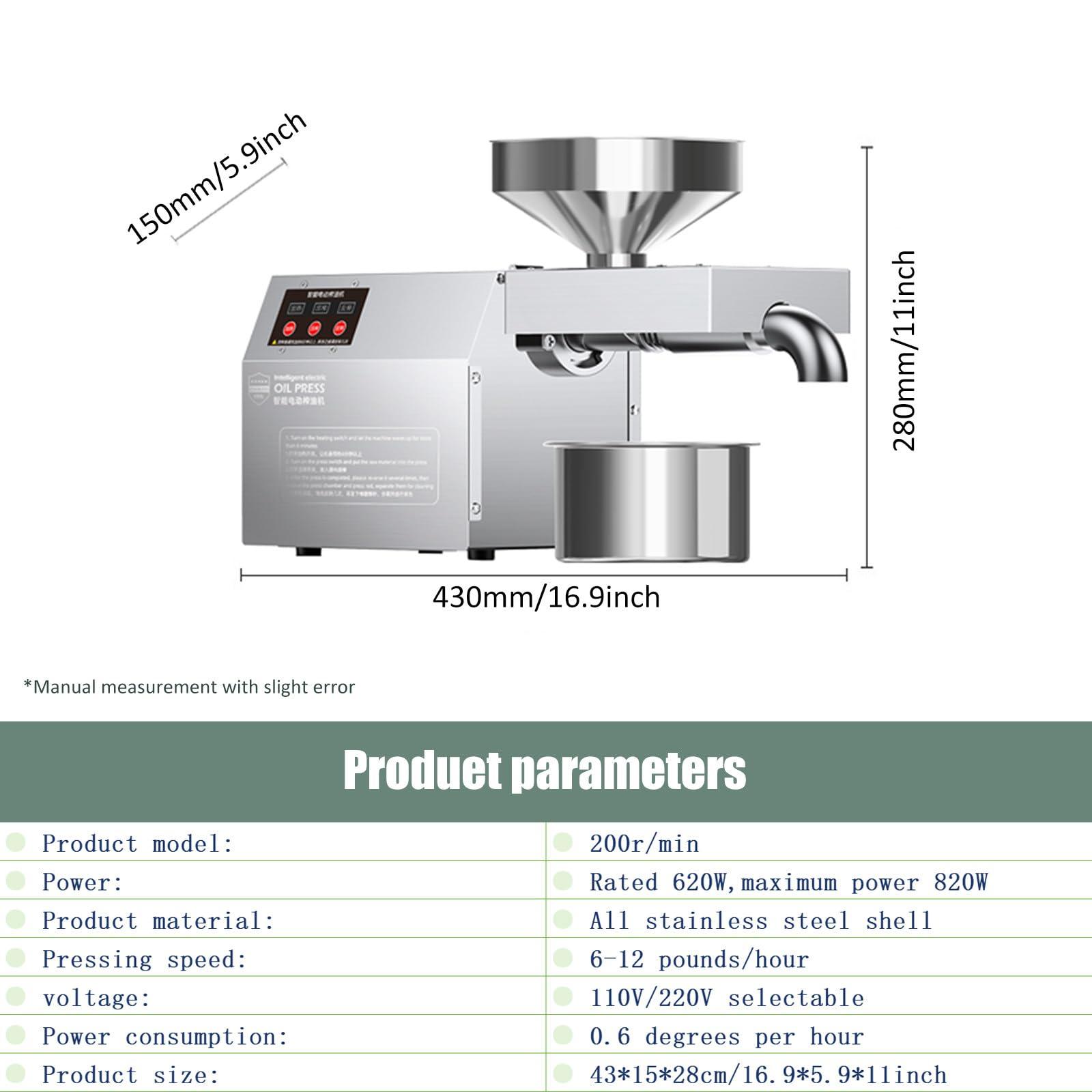 Fablestoryem Electric Oil Press Machine,Cold Hot Press All Stainless Steel Oil Extractor,820W Food Grade Automatic Oil Extractor for Commercial Home,Peanut Sesame Canola Coconut Sunflower Seeds,110V