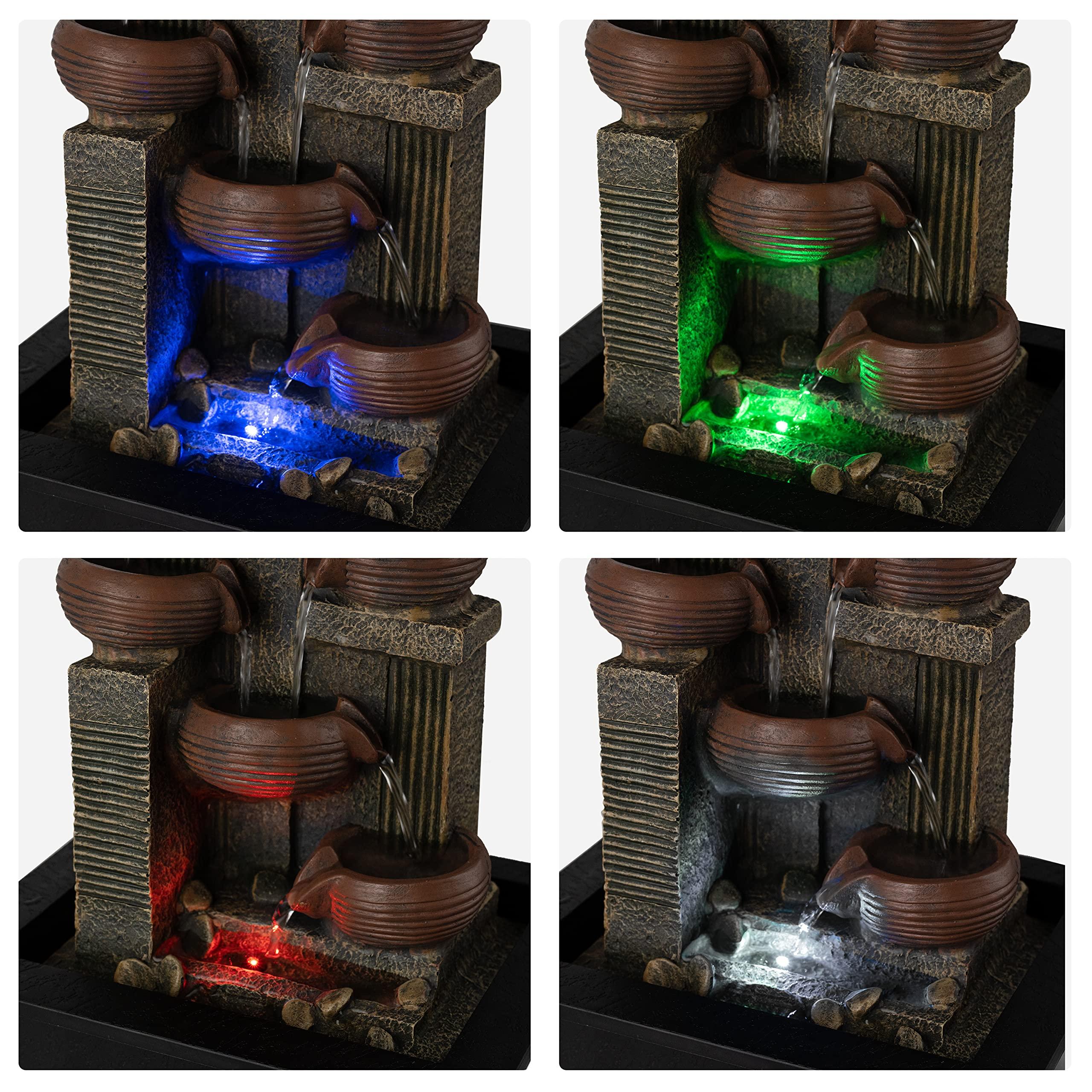 Father'sDen Collection 13-inch Indoor Fountains and Waterfalls Cascading 5-Tiered Pots-Tabletop Water Fountain-Desk Waterfall-with Audible Waterfall Sounds-Zen Water Fountain and Color Lights