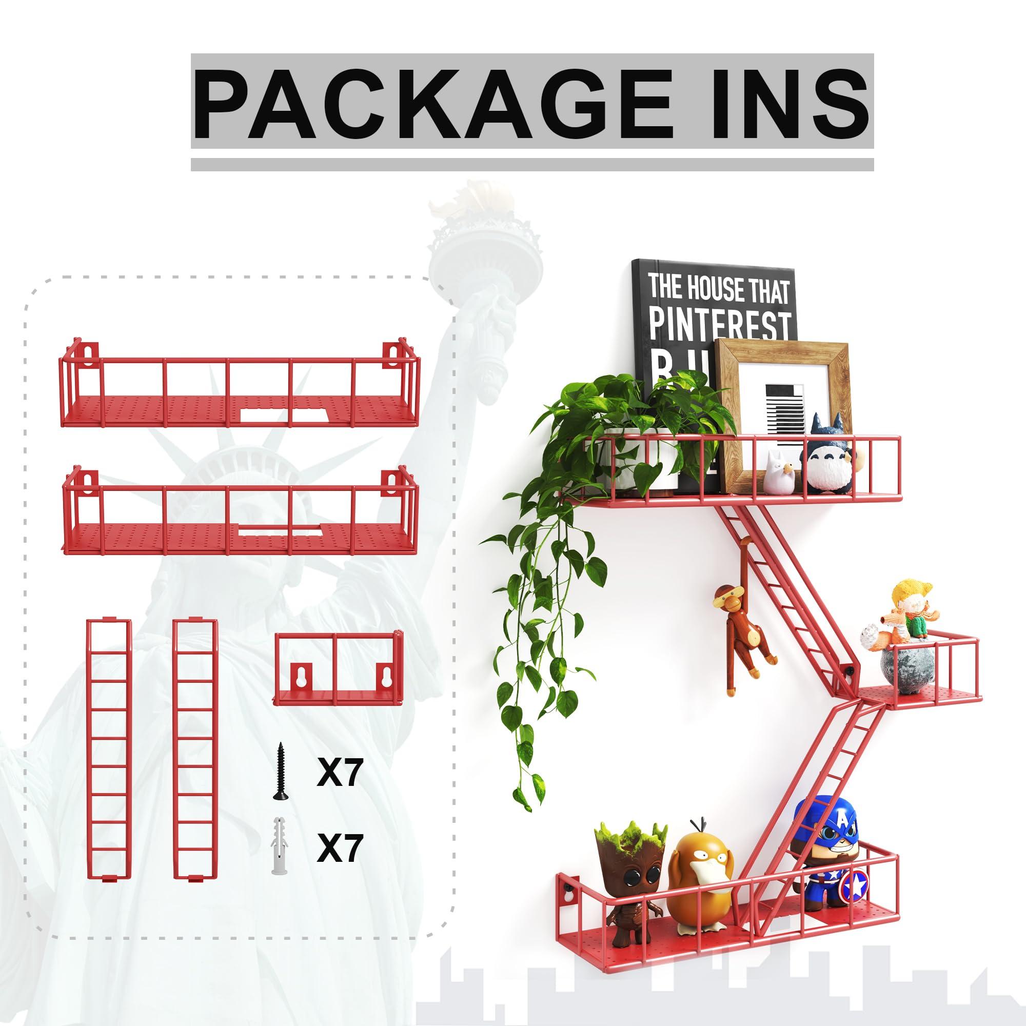 LUDORU Fire Escape Wall Shelf with Baskets, 3-Tier Metal Fire Escape Ladder Shelf Wall Organizer, New York Inspired Decorative Shelf, Red Floating Action Figurine Display Shelves for Bedroom, Home Dcor.