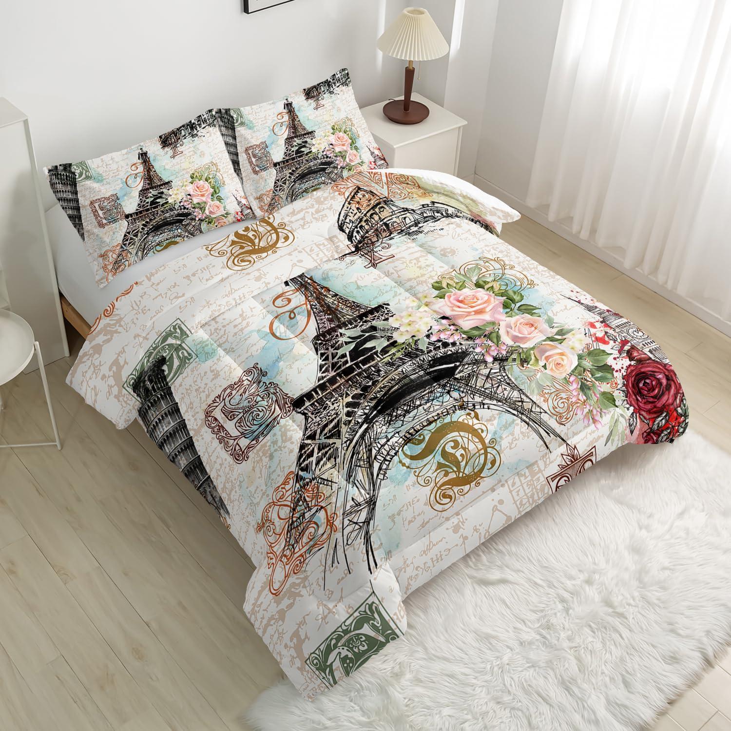 Nttopship Nttopship Romantic Eiffel Tower Comforter Set Queen Size for Kids and Adults 3Pcs,Retro Style Eiffel and Flowers Bedding Set Soft Comfoter for All Season Child Room Decor