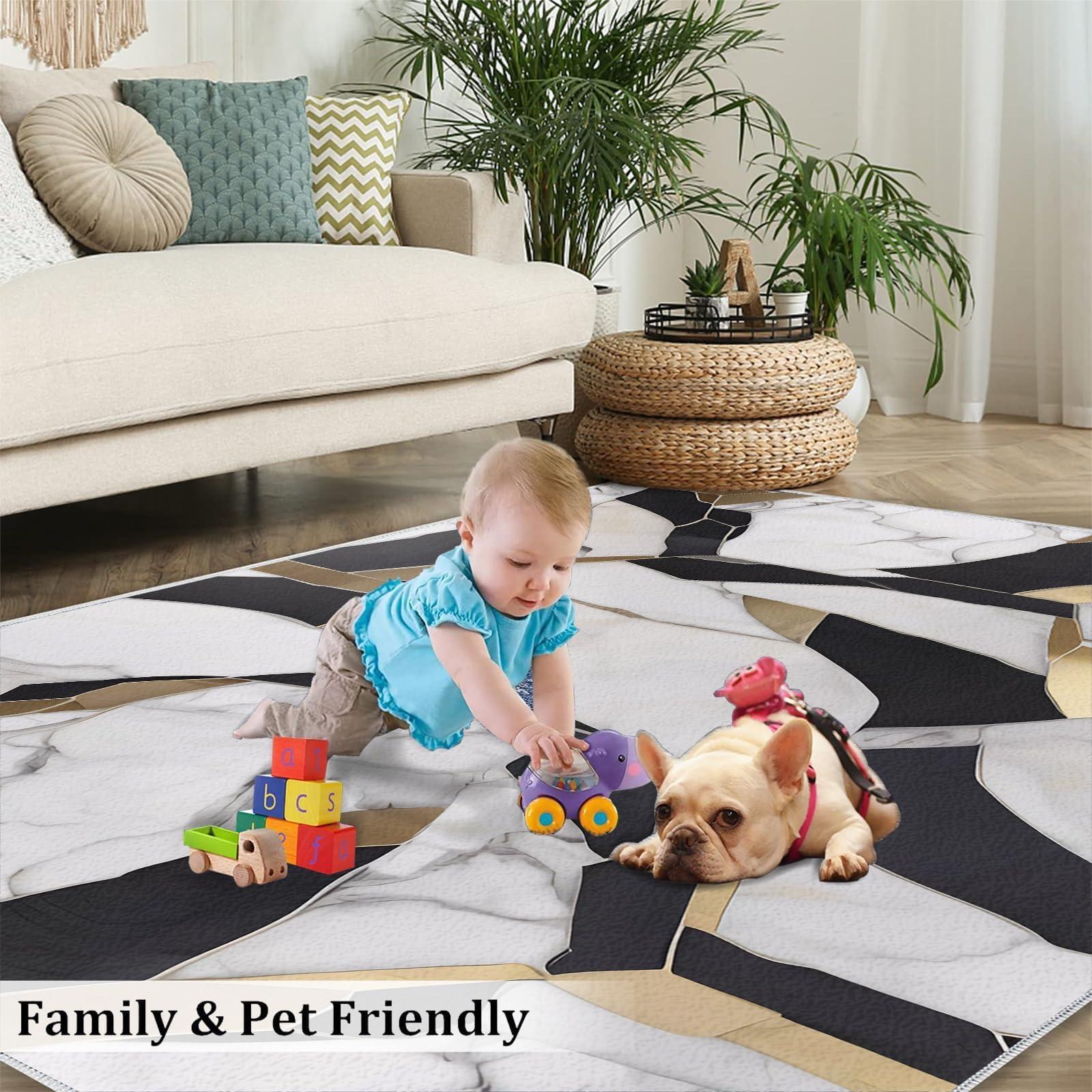 GIRTFU 7x10 Large Area Rugs Black and Gold Geometry Area Rugs for Living Room, Modern Marble Modern Rug with Double Sided Carpet Tape for Bedroom Men Room Decor