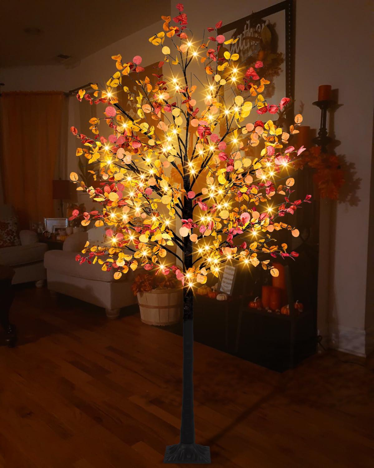 Caplidou Caplidou 7 FT Lighted Fall Eucalyptus Tree, 128 LED Artificial Fall Tree with Lights Fall Light Up Tree with Timer for Autumn Wedding Party Birthday Patio Porch Home Garden Indoor Outdoor Decor