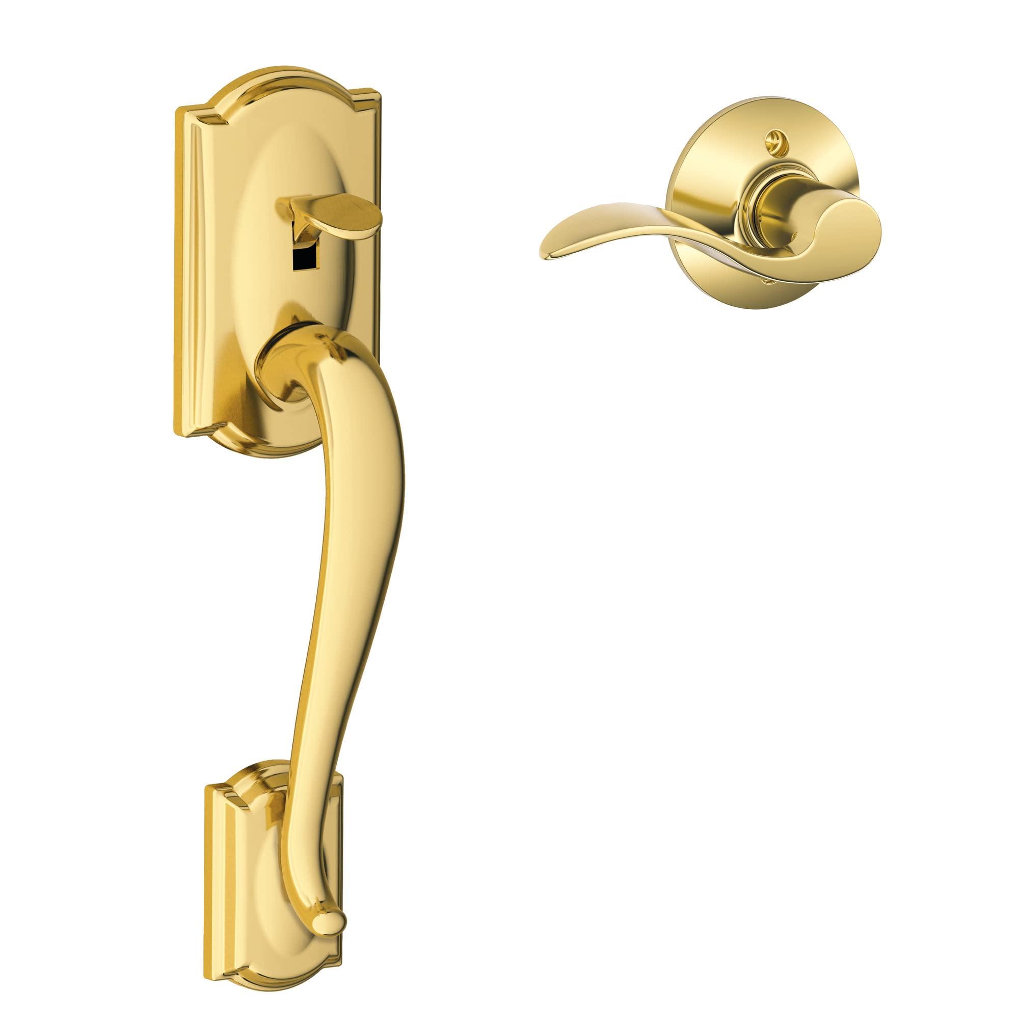 SCHLAGE Schlage FE285 CAM 505 ACC 605 RH Camelot Front Entry Handleset with Right-Handed Accent Lever, Lower Half Grip, Bright Brass