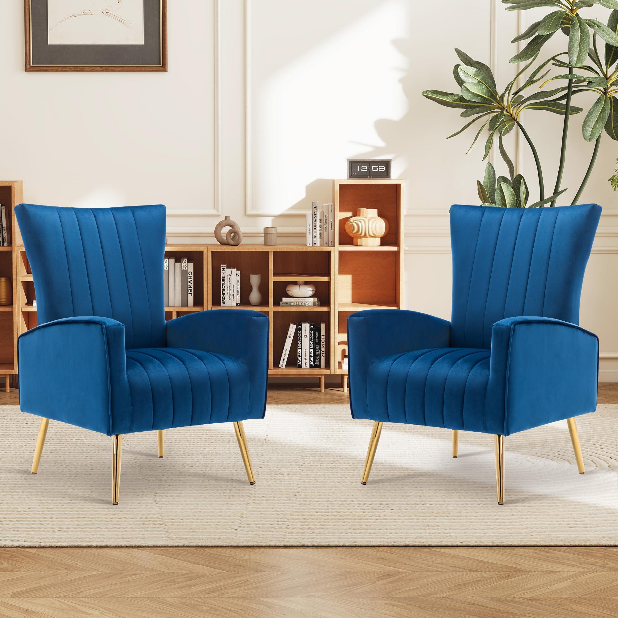 LSSPAID LSSPAID Velvet Accent Chairs Set of 2, Modern Fabric Upholstered Living Room Chairs Armchairs with Wing Back and Metal Legs, Navy Blue