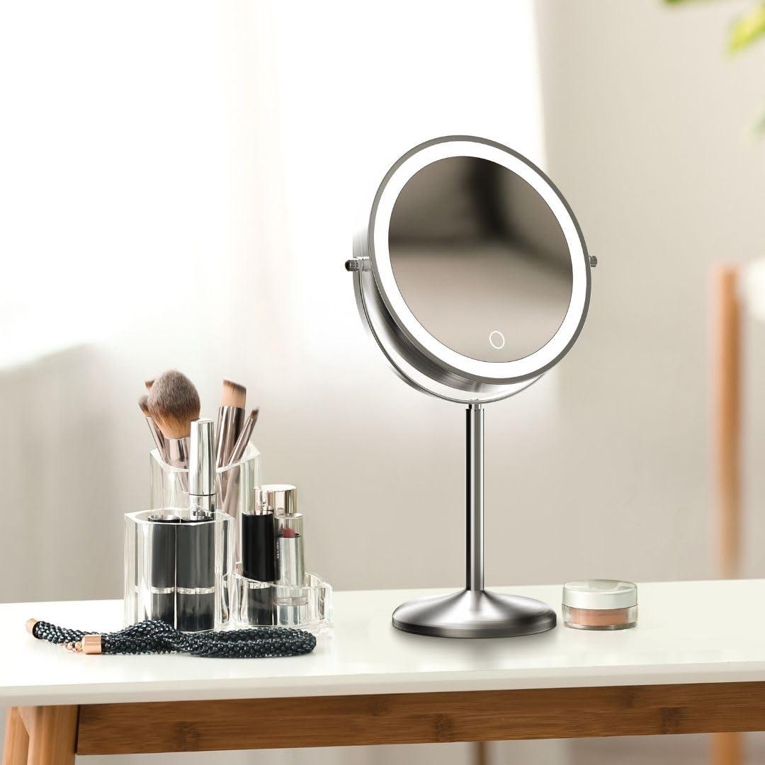Fancii Fancii 9-Inch Lighted Makeup Mirror Height Adjustable with 10X /1X Magnification - Rechargeable, Double Sided LED Vanity Mirror with Light and Stand, 360 Swivel (Hailey)