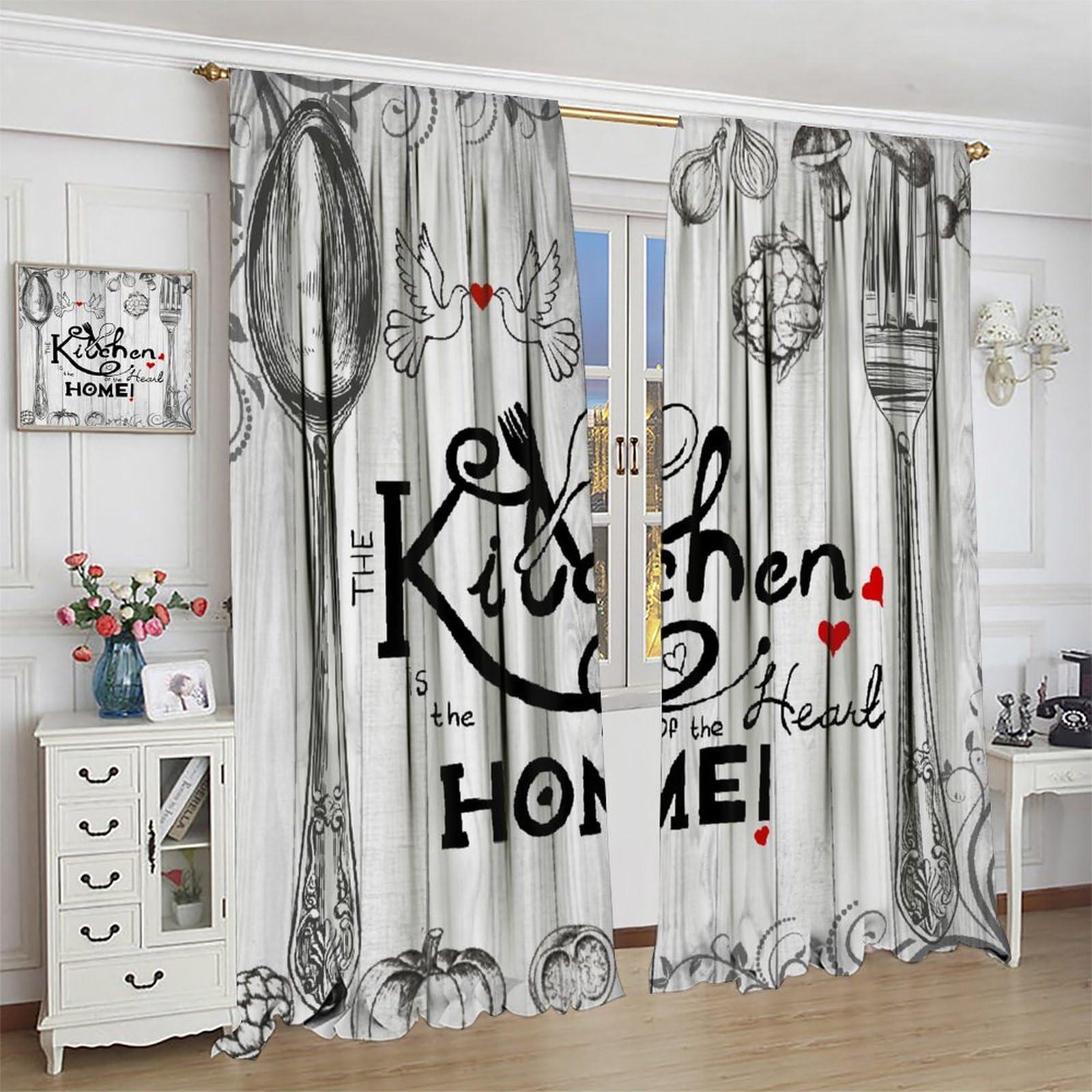 JanJCurt Chef Kitchen Curtains, Retro Cartoon Fat Chef Black Check Plaid Buffalo Rod Pocket Blackout Window Treatments for Cafe Bedroom Kitchen 52x84in