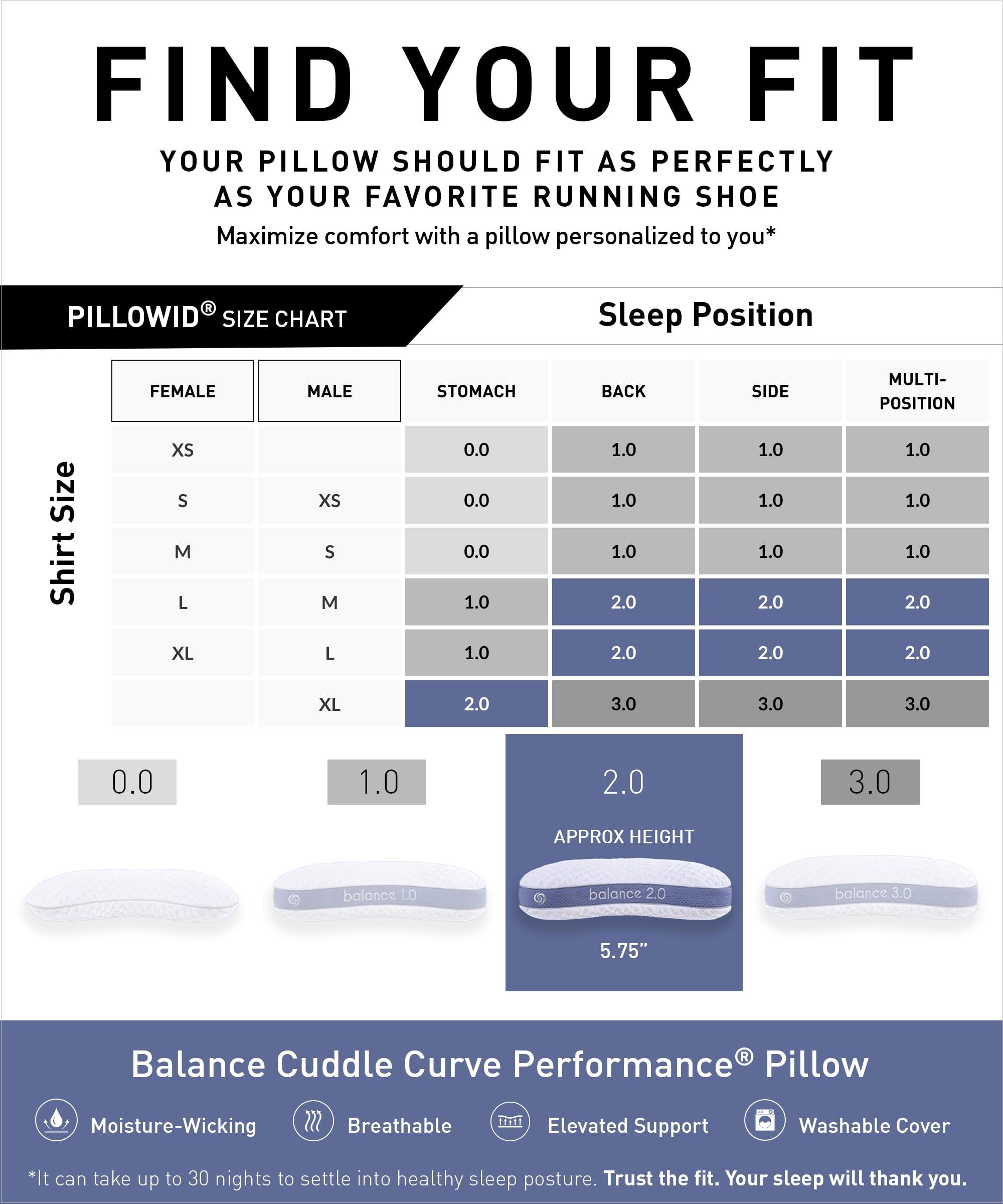 Bedgear Bedgear Balance Cuddle Curve Performance Pillow - Size 2.0 - Moisture-Wicking Pillow for Side Sleepers - Medium Firmness Bed Pillow- Hypoallergenic, Washable Removable Cover - 20" W x 26" L x 5.75" H