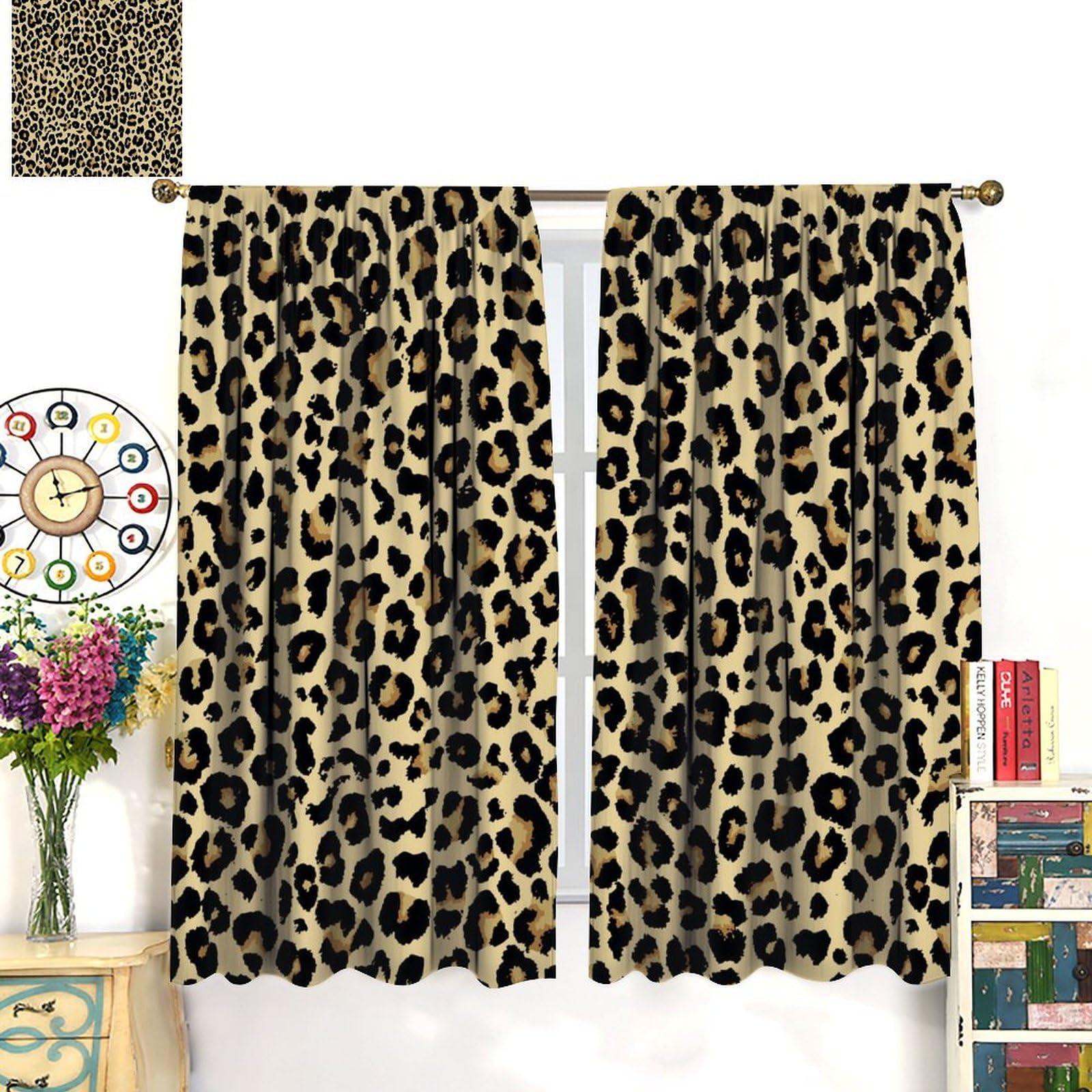 KANEPE Leopard Blackout Curtains, Leopard Pattern Design Wild Animal Skin Spots Print Window Treatments, Retro Rod Pocket Thermal Insulation Drapes for Bedroom Living Room, 55" W X 63" L