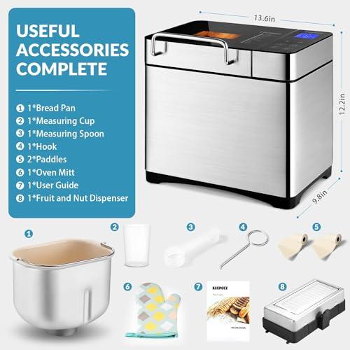 KEEPEEZ 17-IN-1 All Stainless Steel Bread Maker, 2LB Bread Machine BPA-Free Non-Stick 5-Layer Superior Die-Cast Ceramic Pan, Auto Fruit Nut Dispenser, 2 Paddles & Full Touch Panel,15H Timer&Keep Warm, Recipes