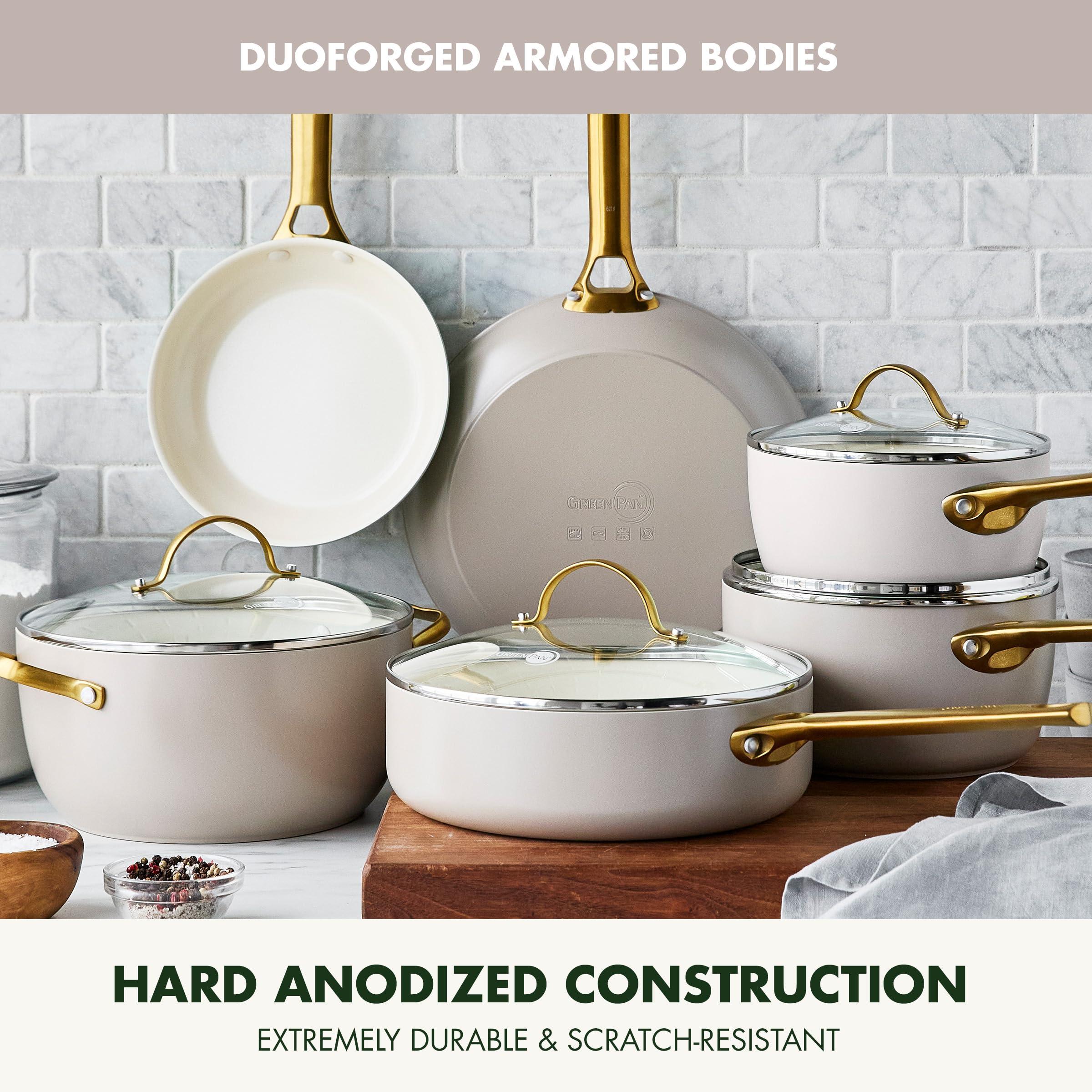 GreenPan GreenPan Reserve 10 Piece Cookware Set, Non-Toxic PFAS-Free Hard Anodized Healthy Ceramic Nonstick, Stainless Steel Gold Handle, Glass Lids, Dishwasher Safe, Oven & Broiler Safe, Taupe Brown