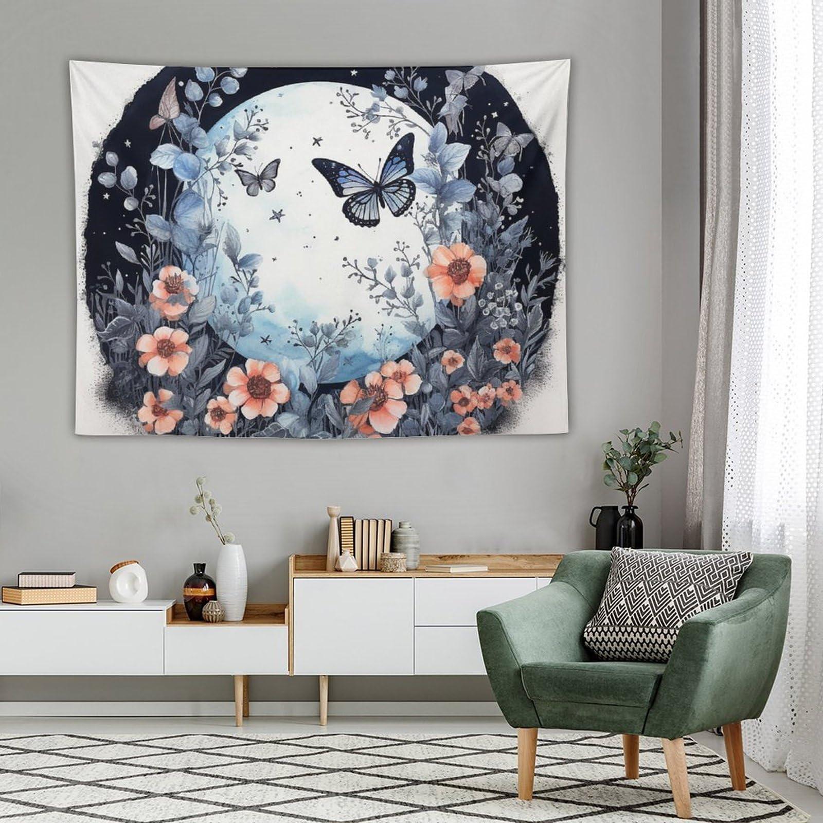 BAHELS BAHELS Blue Butterfly Moon Flower Tapestry Wall Hanging Boho Floral Plant Aesthetic Mandala Tapestry Decor for Living Room Bedroom 60\"x80\"