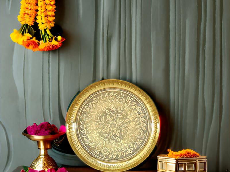 KASHVIYA KASHVIYA 10 Inch Pure Brass Pooja Thali Set Pital Puja Plate Arti Thali Traditional Handcrafted for Pooja Home Office Mandir Gift Items Gold
