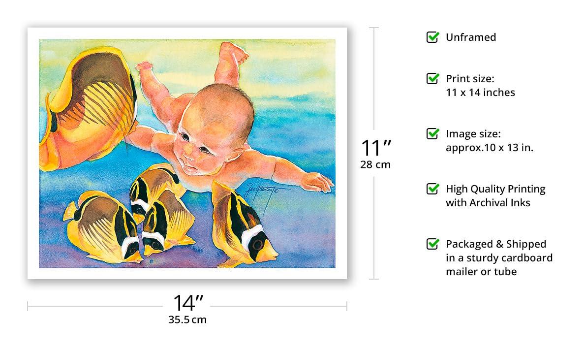 Pacifica Island Art Talk to the Fish - Hawaii - Baby (Keiki) with Racoon Butterfly Fish - From an Original Watercolor Painting by Janet Stewart - Fine Art Matte Paper Print (Unframed) 11x14in