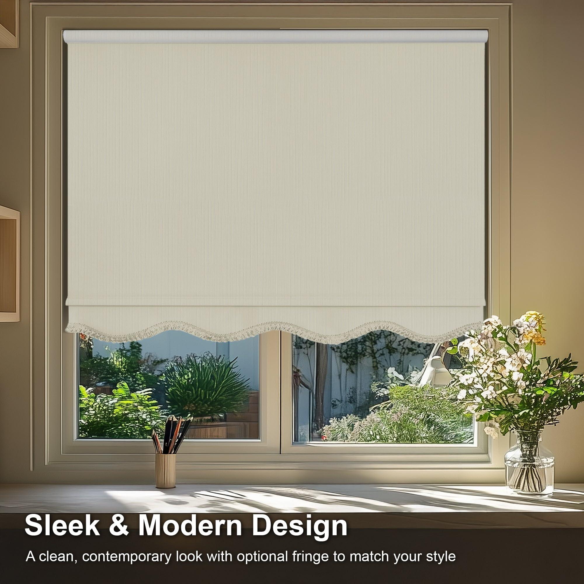 CHICOLOGY CHICOLOGY Blackout Custom Roller Shades, Cordless Blinds, Window Shades for Home, Roller Window Shades,Window Treatments, Door Blinds, Blackout Shades, Ivory Textured (Fringe), 71.5" W X 64" H