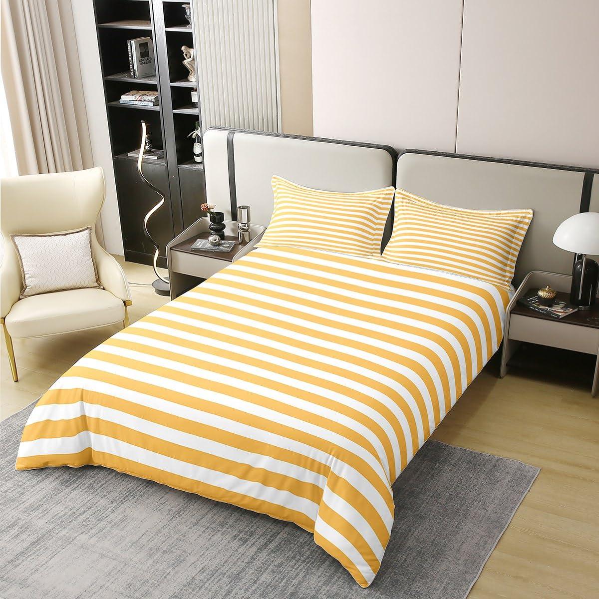 Erosebridal Erosebridal 100% Cotton Yellow White Striped Duvet Cover Full Farmhouse Ticking Stripes Gothic Home Decor Comforter Cover Horizontal Stripes Geometric Lines Bedding Set Modern Abstract Quilt Cover