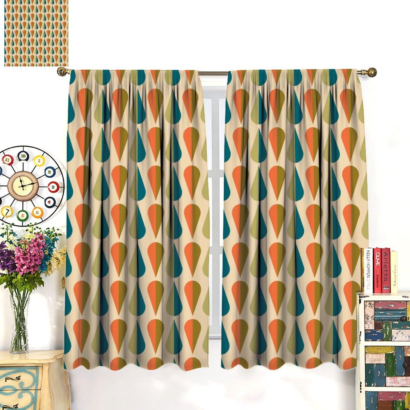 lovelockring Mid Century Curtains, Retro 50s 60s Minimalist Geometric Drop Pattern Blue Green Orange Print Window Drapes for Living Room Bedroom, 42" W X 63" L