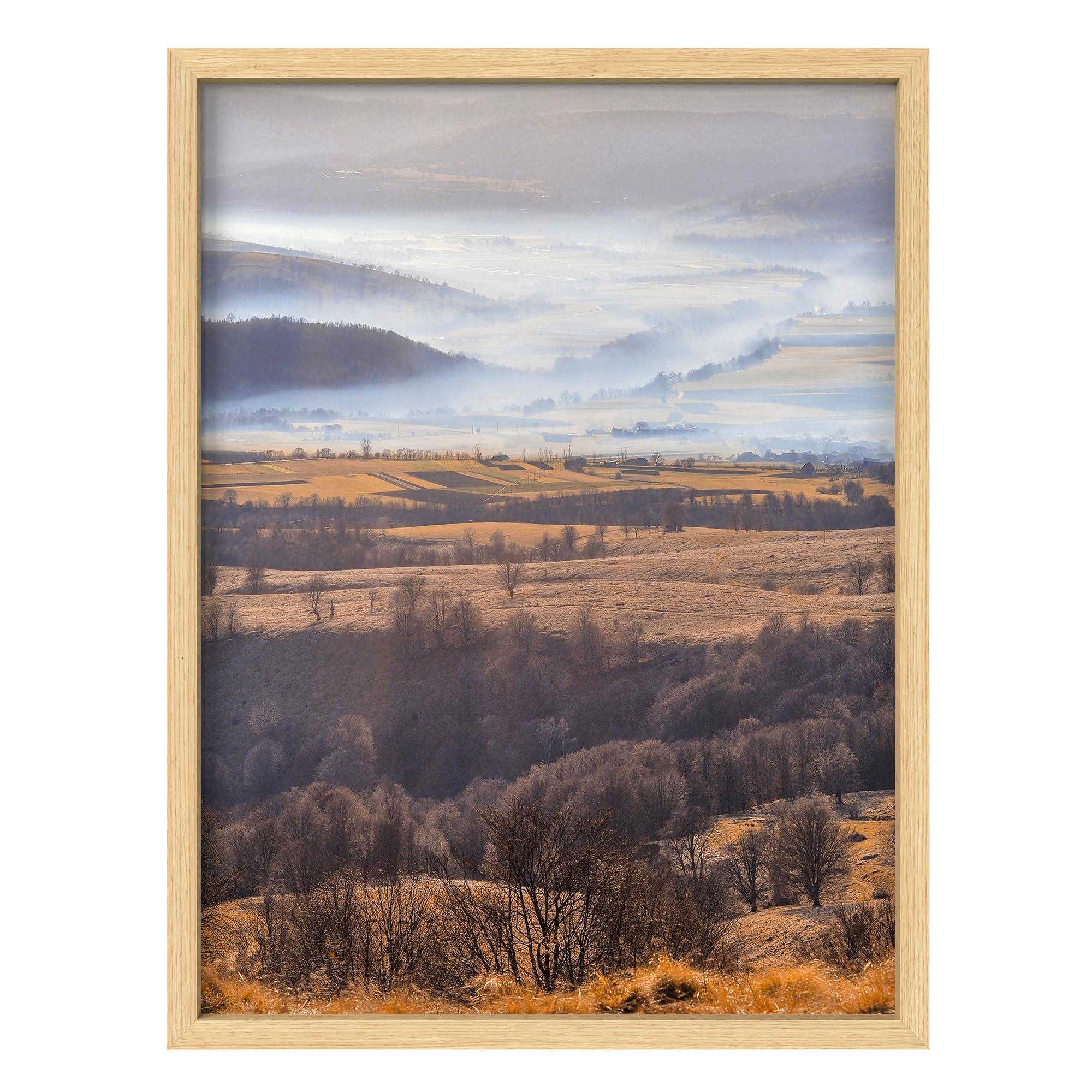 SIGNLEADER SIGNLEADER Framed Wall Art Print Clouds Autumn Mountain Forest Landscape Nature Illustration Decorative Country/Farmhouse Rustic Cozy Zen for Living Room, Bedroom, Office - 8\"x10\" Natural